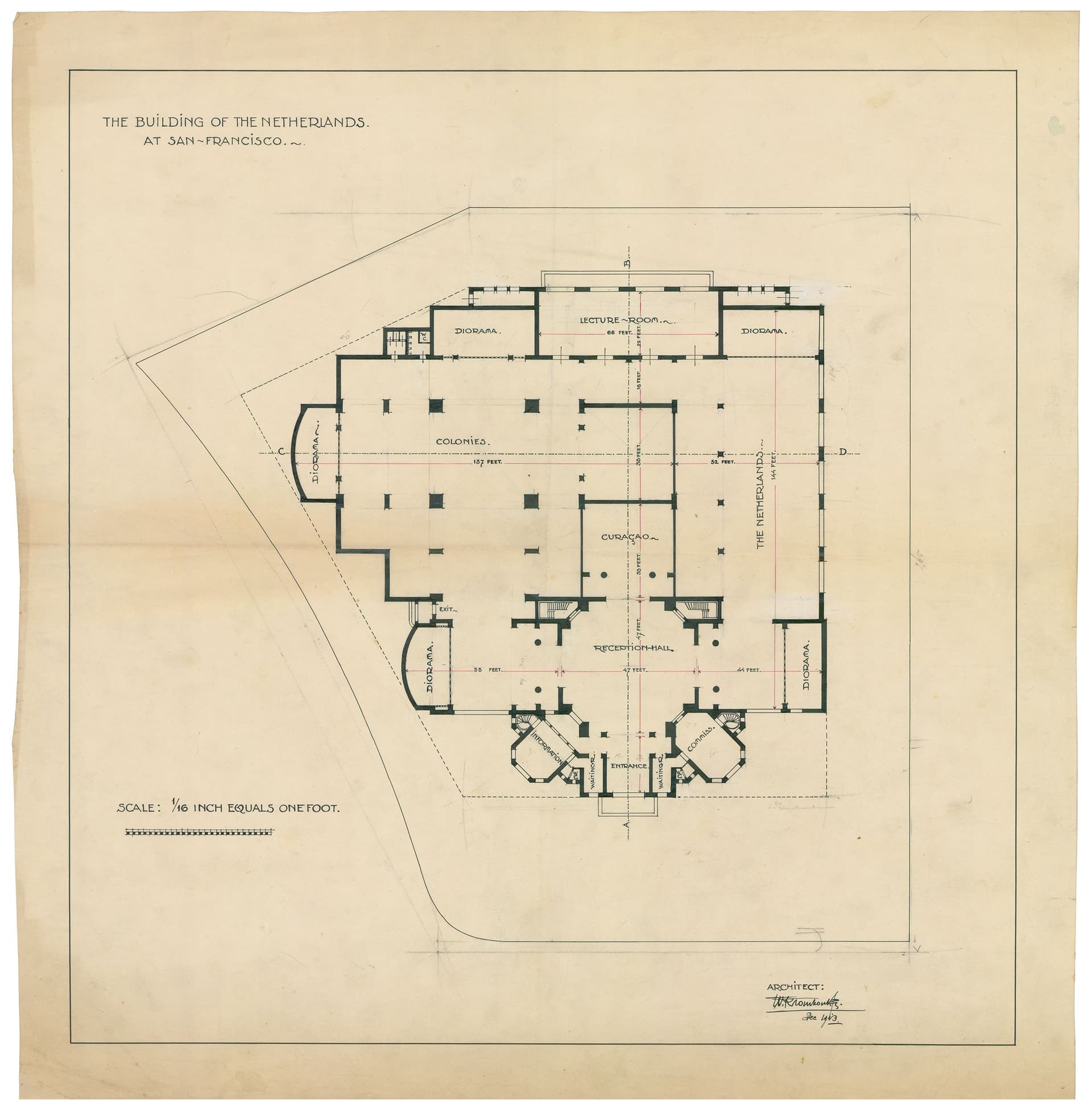  W. Kromhout. Plattegrond Nederlands paviljoen San Francisco, 1915. Collectie Het Nieuwe Instituut, KROM 53-1 