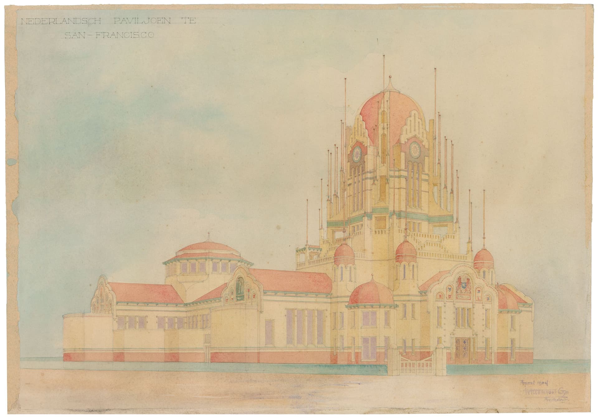  W. Kromhout. Presentatietekening Nederlands paviljoen San Francisco, 1915. Collectie Het Nieuwe Instituut, KROM 53-54 