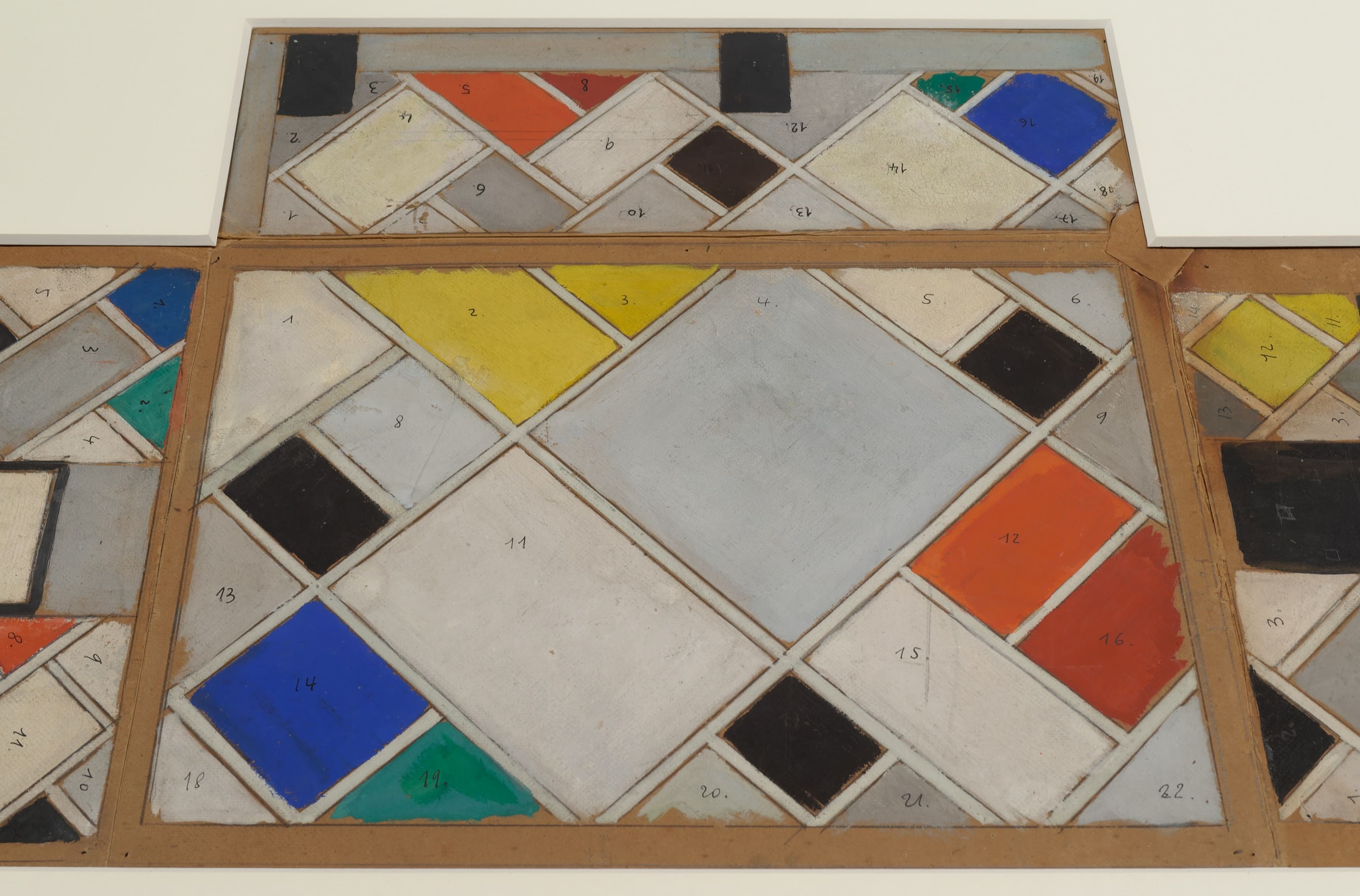 Theo van Doesburg. Interior model. Colour design for ceiling and three walls, cinema and dance hall of Café de l'Aubette, 1926/1927. Pencil and gouache on cardboard. 43 x 74.5 cm. Collection Het Nieuwe Instituut, DOES m1. Photo: Johannes Schwart…