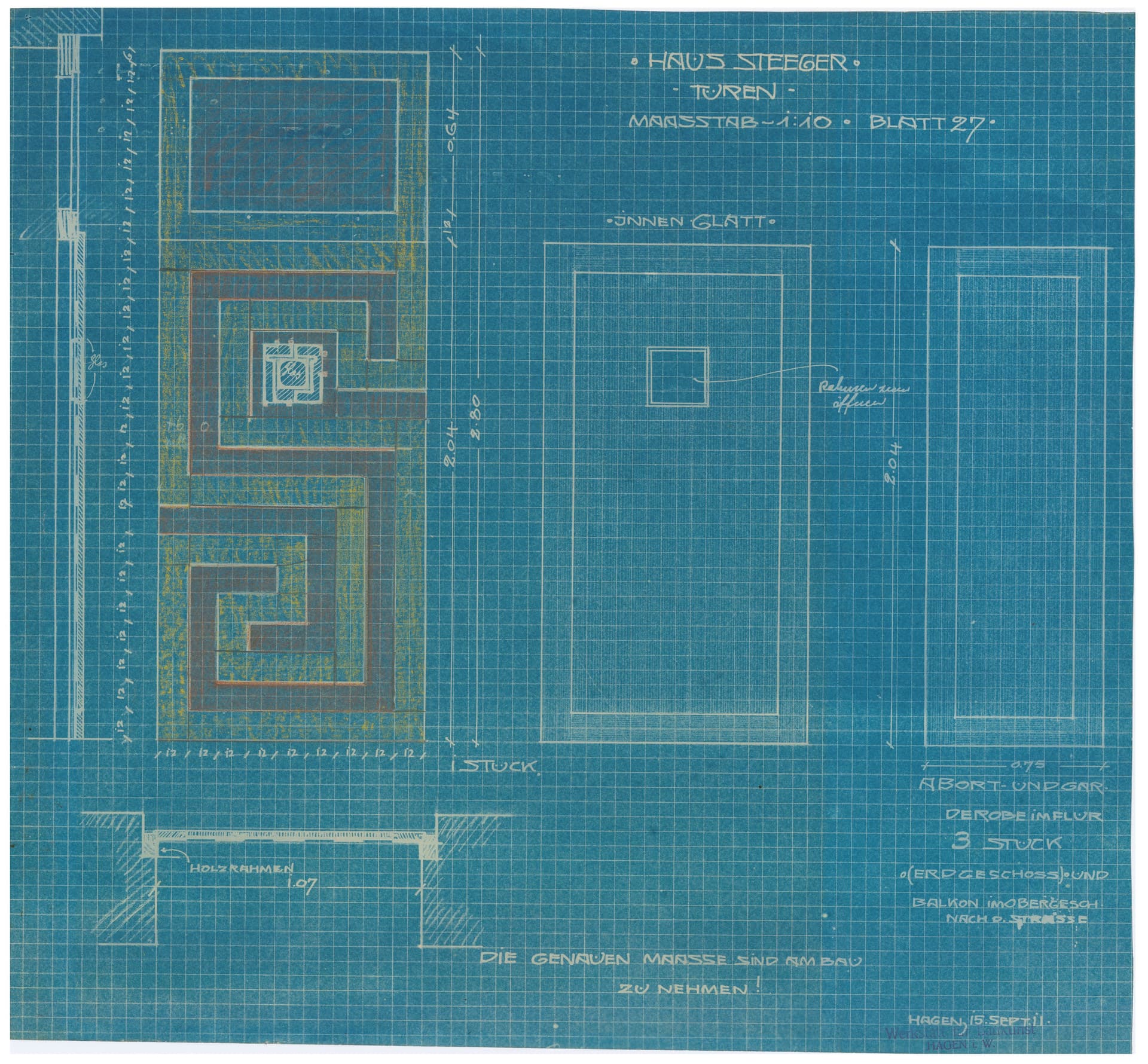 Een met geel en rood krijt ingekleurde blauwdruk, een werkwijze die door architect P.A. Frijlink werd beschreven in het Bouwkundig Tijdschrift in 1890. J.L.M. Lauweriks. Dubbel woonhuis Lauweriks - Schüngeler/Haarmann, ca. 1912-1914. Colle… 