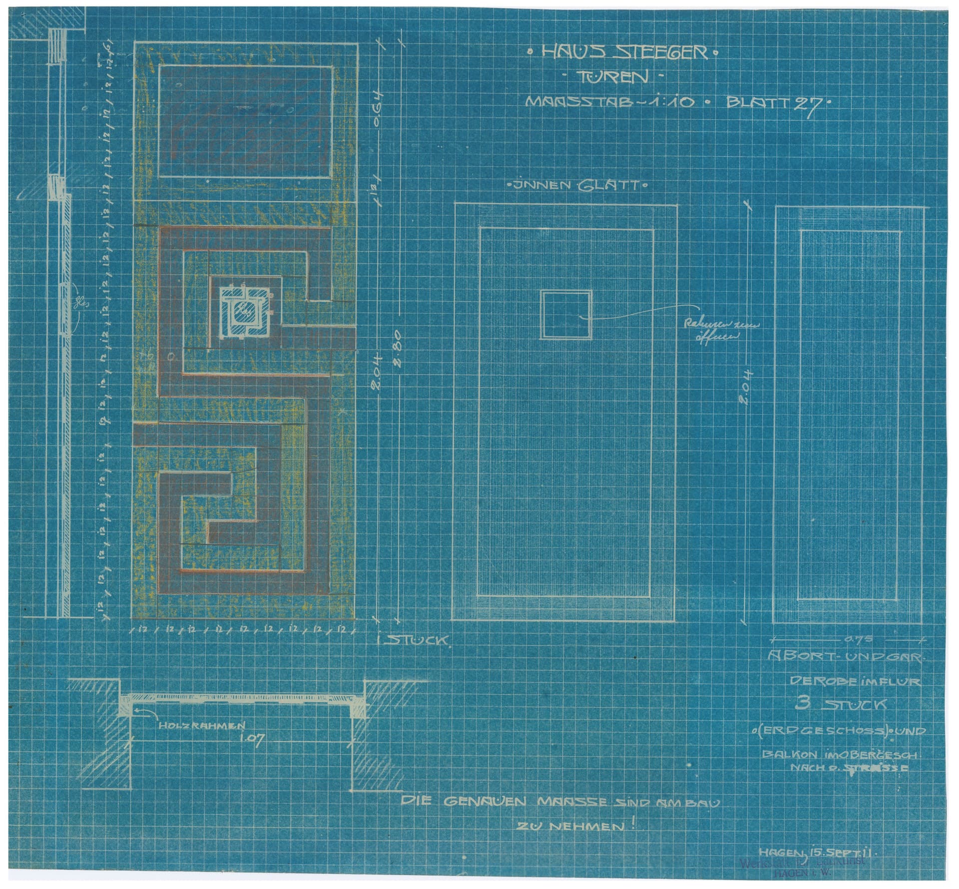 A blueprint coloured with yellow and red chalk. A method developed by architect P.A. Frijlink was described in the Bouwkundig Tijdschrift (Architectural Review) in 1890. J.L.M. Lauweriks. Lauweriks’ twin house – Schüngeler/Haarmann, c. 1912–191… 