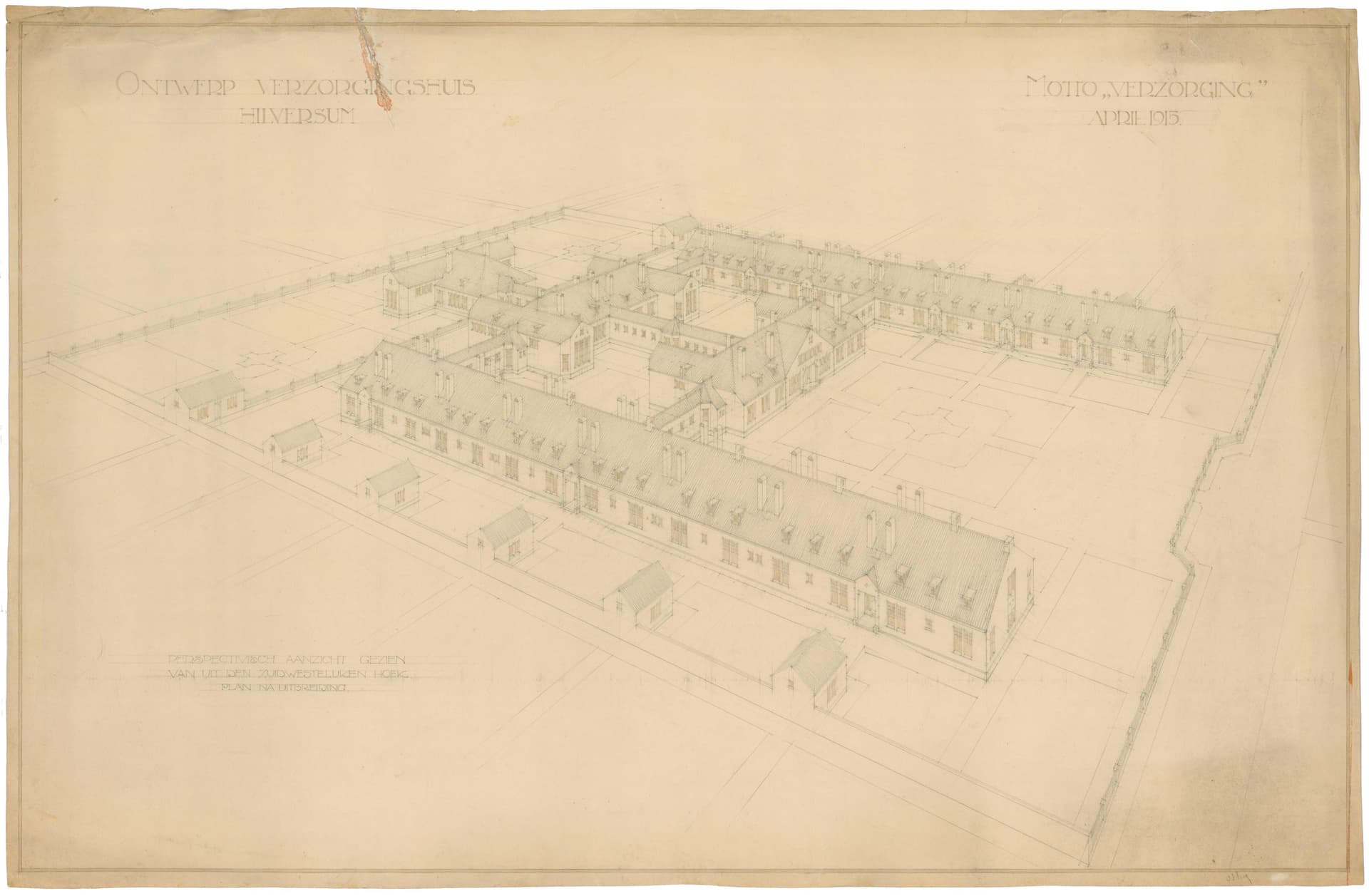  B. van de Lecq, Prijsvraagontwerp verzorgingshuis Hilversum, 1914. Opdrachtgever: Stichting Het Verzorgingshuis te Hilversum. Collectie Het Nieuwe Instituut, LECQ t1-1