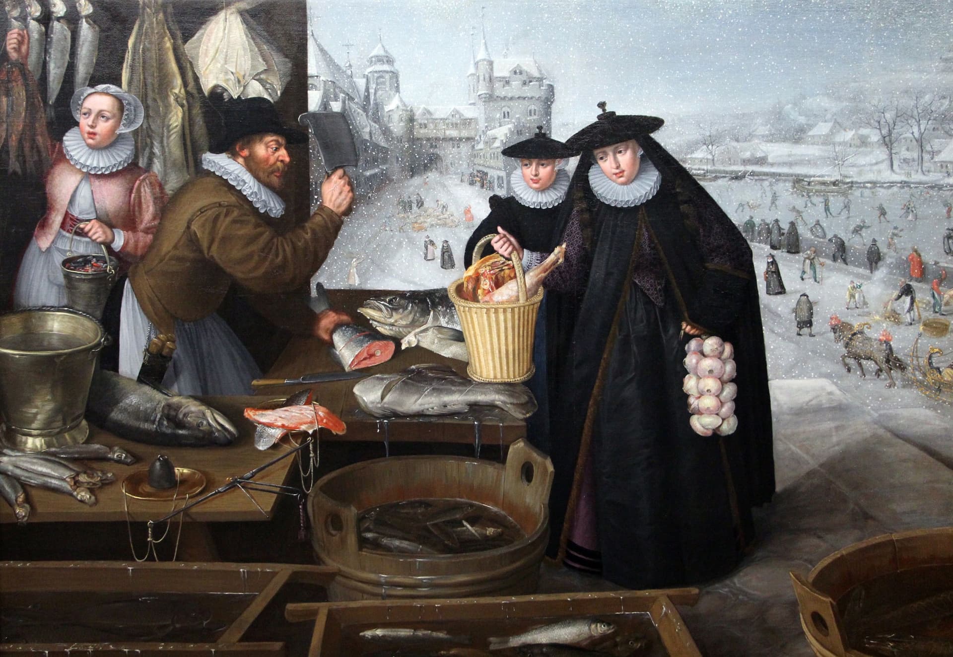 Lucas van Valckenborch, Vlees- en vismarkt (Winter), ca. 1595, Gemäldegalerie, Berlijn. 