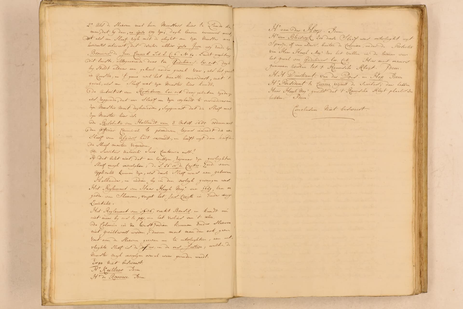 Scan of a 1736 ruling in the case of Claes, signed by presiding judge Cornelis van Bynkershoek of the Supreme Court of Holland and Zeeland. © Geographies of Freedom. 
