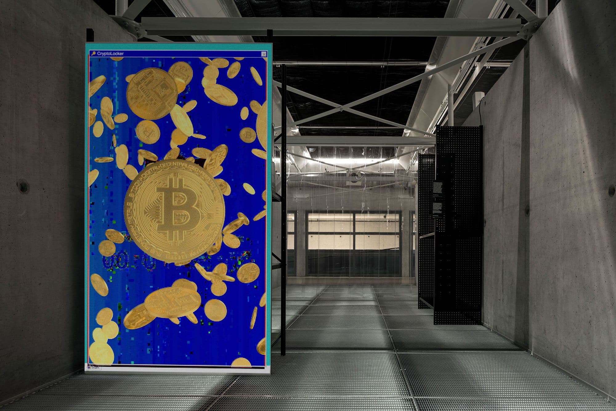 CryptoLocker gijzelsoftware (2013), te zien in de Malware exhibition in Het Nieuwe Instituut. Artistieke interpretatie door Bas van de Poel en  Tomorrow Bureau. Beeld: Ewout Huibers 