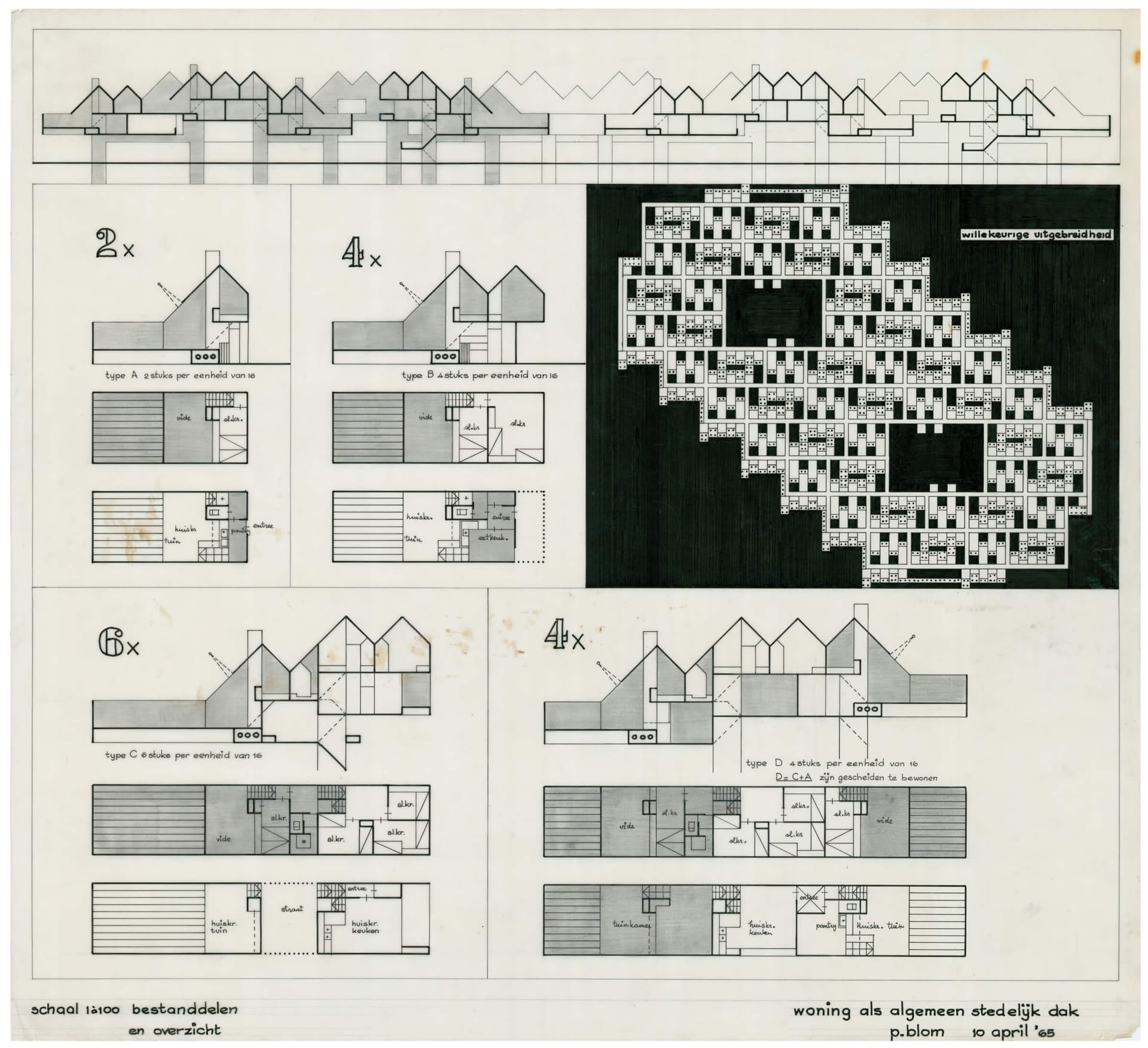 Piet Blom, Woning als algemeen stedelijk dak, bestanddelen en overzicht, 1965. Collectie Het Nieuwe Instituut, BLOM 33-1. Het zijaanzicht bovenaan dit ontwerpvel geeft een indruk van Bloms idee voor de bouw van woningen op pilaren die als stede… 