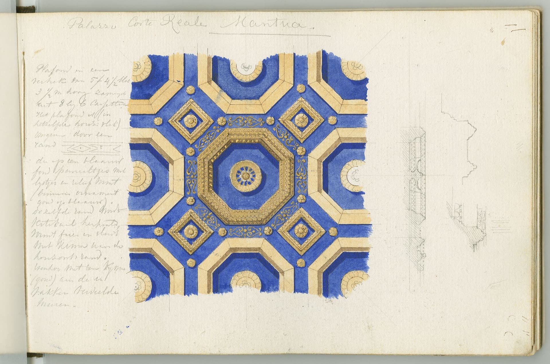 De architect C. Muysken maakte in 1874 deze gedetailleerde studie in potlood en waterverf van een bestaand plafond in het paleis Corte Reale in Mantua. Wij zien deze studie nu als een origineel vanwege de hoge artistieke waarde en de handmatige… 