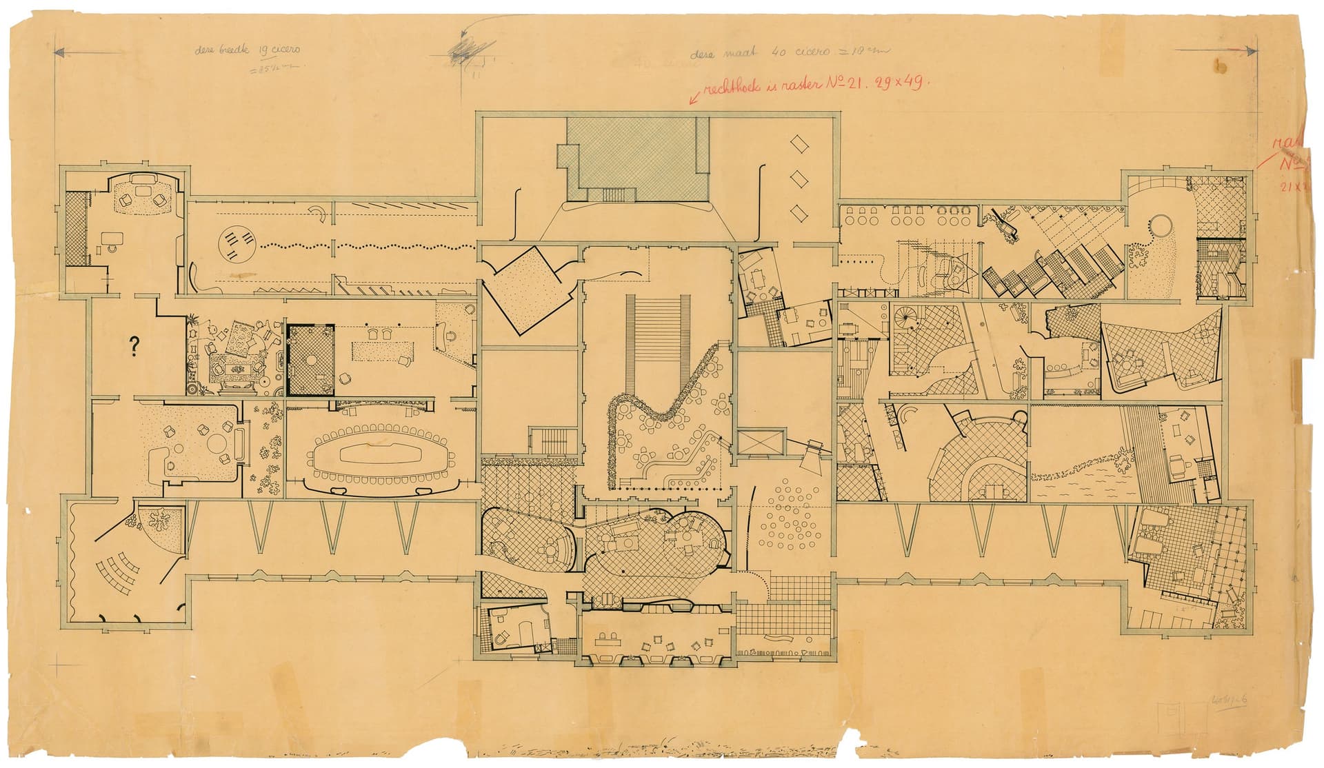 Johan Niegeman. Ontwerptekening voor de tentoonstelling ‘In Holland staat een huis’, 1939. Met in rood potlood een aanwijzing voor de vormgever/drukker om Zip raster nummer 21 uit een catalogus te gebruiken in de te publiceren ontwerptekening.… 