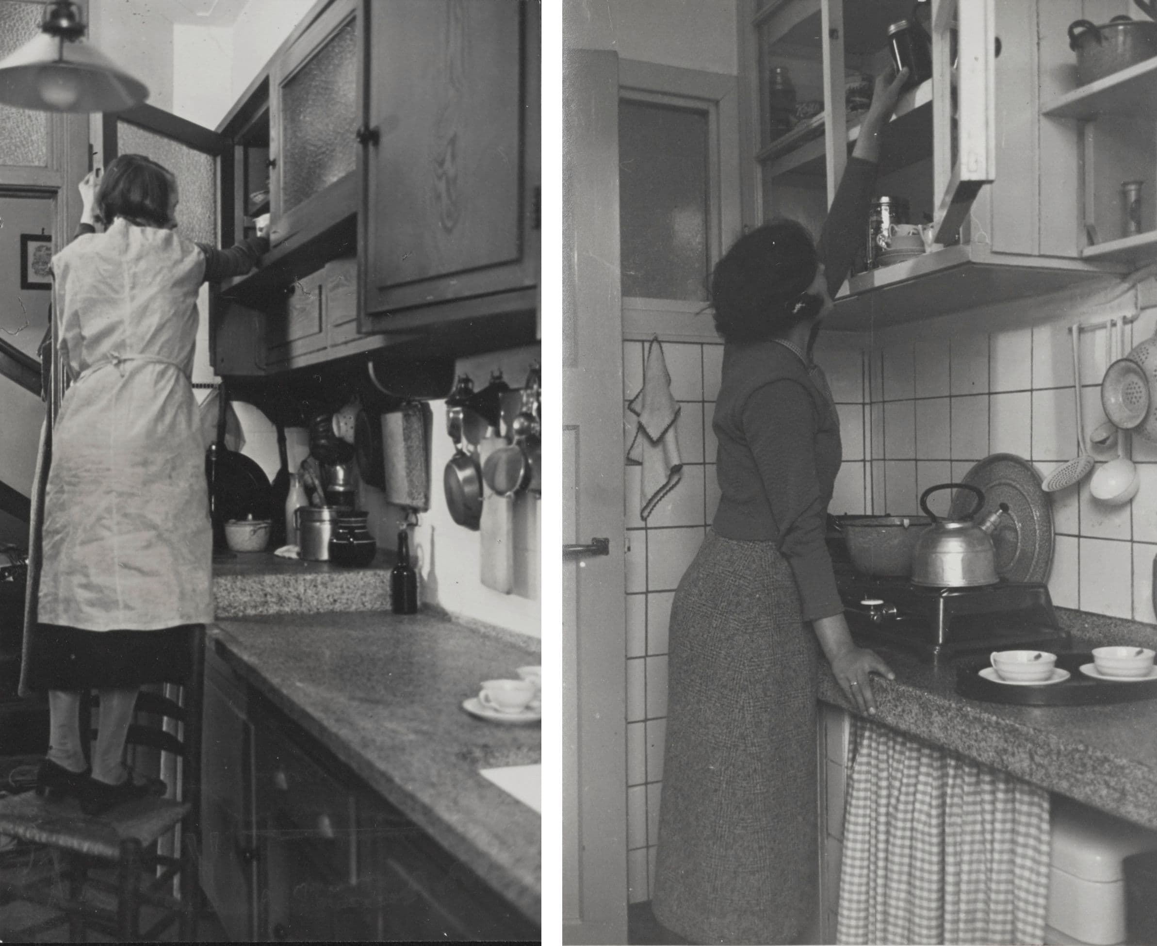 Kitchen cabinets placed too high in a residential building in Amsterdam-West. Photos for publications in the series, Living in the Low Countries 1955-1958. Photos: Koen Limperg.  J. Niegema Archive. Het Nieuwe Instituut Collection. 