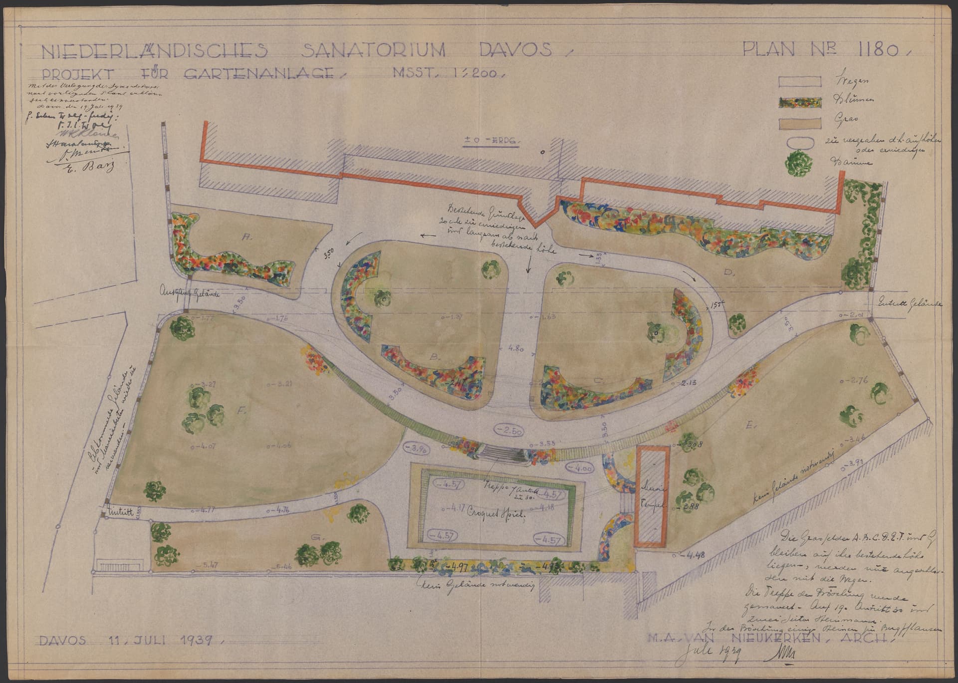 Diazotypes were also used to develop garden and landscape designs. This blue diazotype shows how J.J. van Nieukerken depicts vegetation using a coloured legend to differentiate between flowers, trees and grass. J.J. van Nieukerken, Garden… 