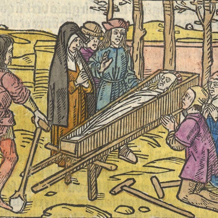 Houtsnede, uit ‘Vita alme virginis Liidwine’ door Johannes Brugman uit 1498, gedrukt werd door Schiedamse priester en drukker Otgier Nachtegaal, met vrouw in huik bij de grafkist van Lidwina van Schiedam. 