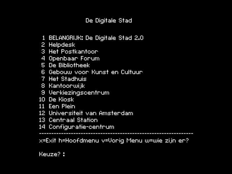 Tekstmenu van De Digitale Stad (Collectie AmsterdamMuseum  
DDS 1993/Remake: Waag (BY-NC-SA)  