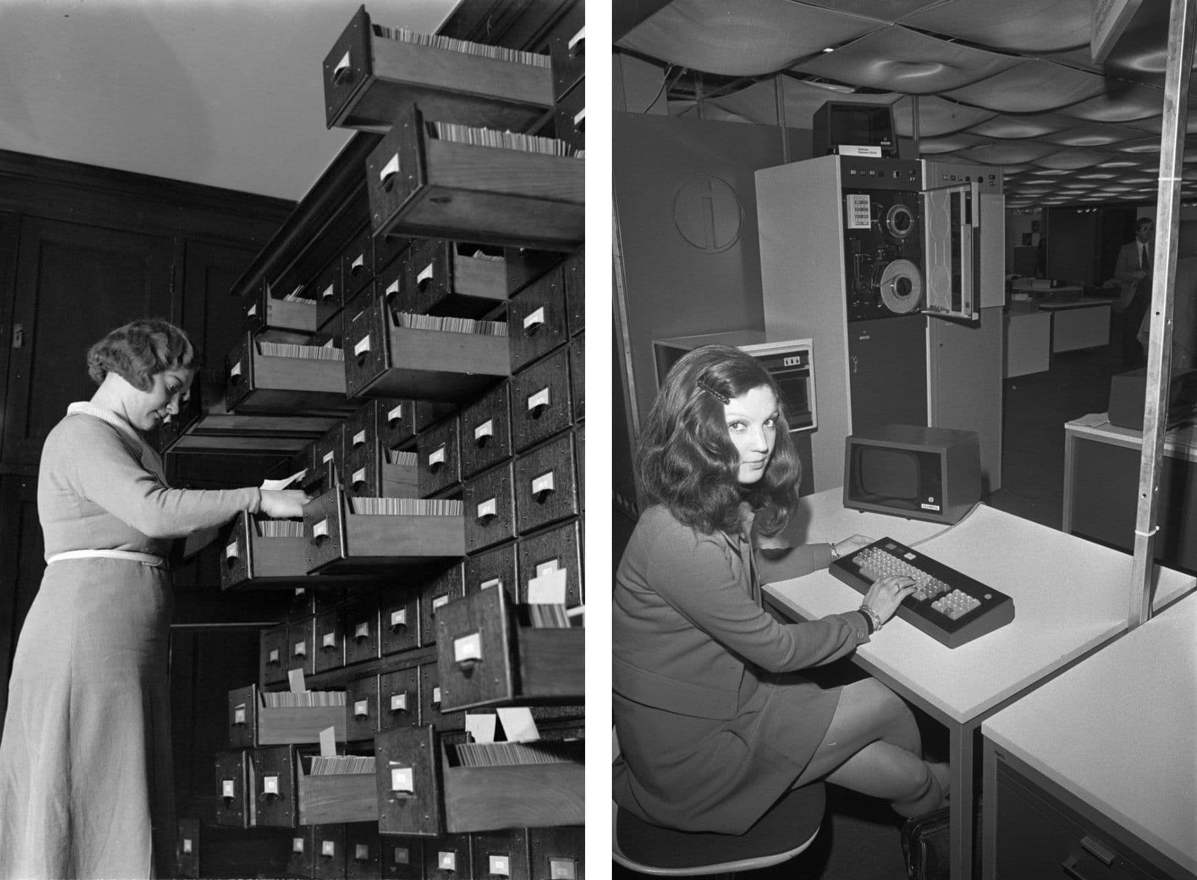 Left: Administration at the Eerste Hollandsche Levensverzekerings Bank in Amsterdam, 1932. Photo Willem van de Poll, Nationaal Archief. Right: The Efficiency Fair in the RAI, Amsterdam, 1972. Photo Rob Mieremet, Nationaal Archief / Anefo. 