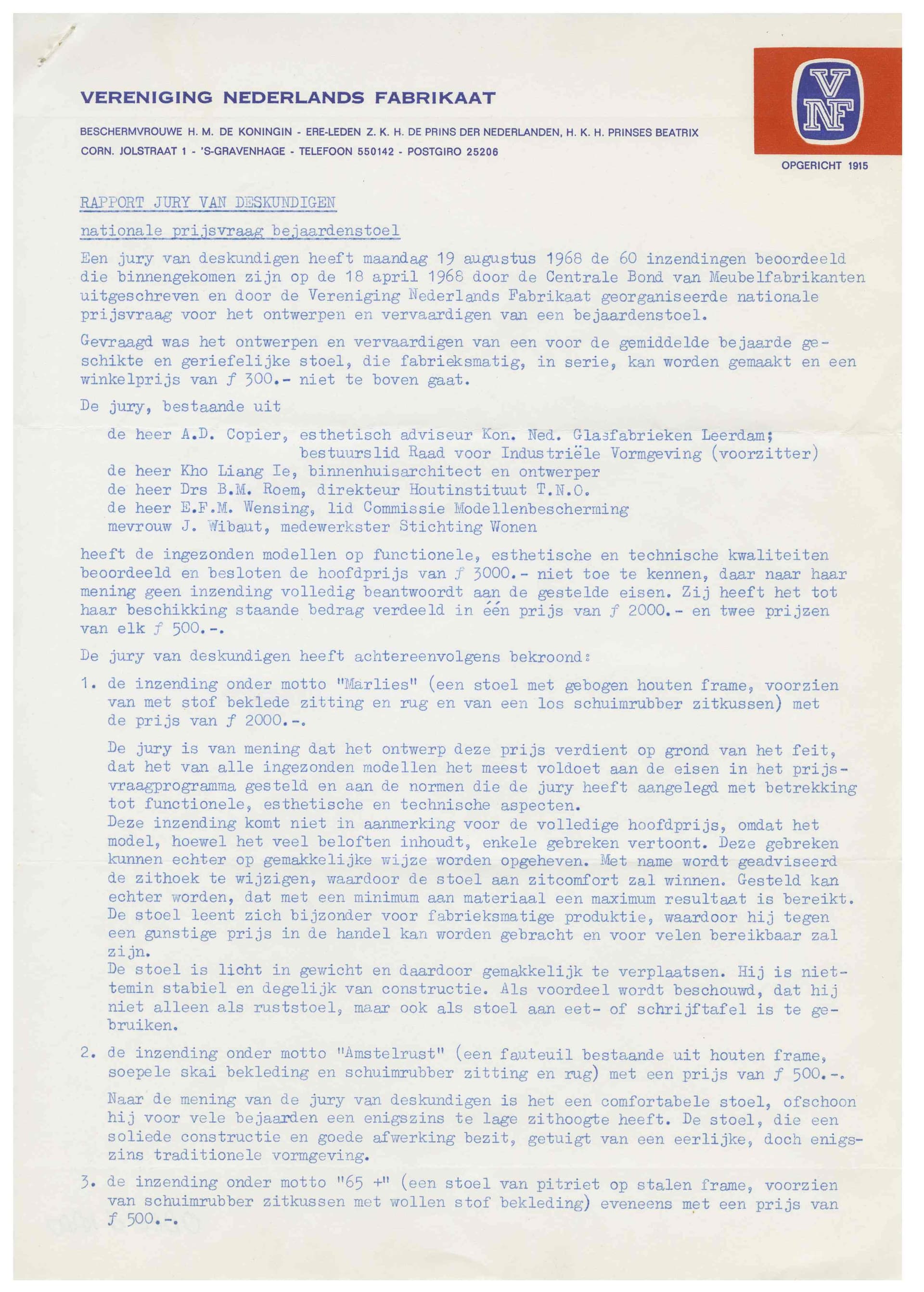  Juryrapport met betrekking tot de Nationale Prijsvraag Bejaardenstoel, 1968. Opdrachtgever: Centrale Bond van Meubelfabrikanten. Collectie Het Nieuwe Instituut, ODEE d1880-1