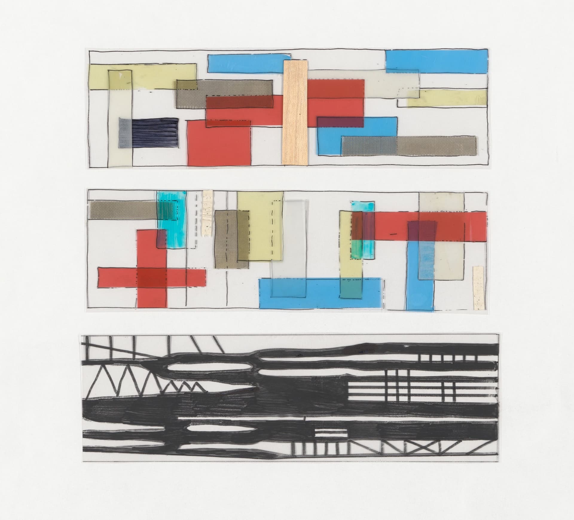 Drie studies van een onbekend ontwerp met plasticfolies, waarschijnlijk gemaakt tussen 1987-1992. Mogelijk zijn de plasticfolies hier gebruikt als ontwerpmiddel. Collectie Het Nieuwe Instituut, archief OMA, OMAR 1569. 