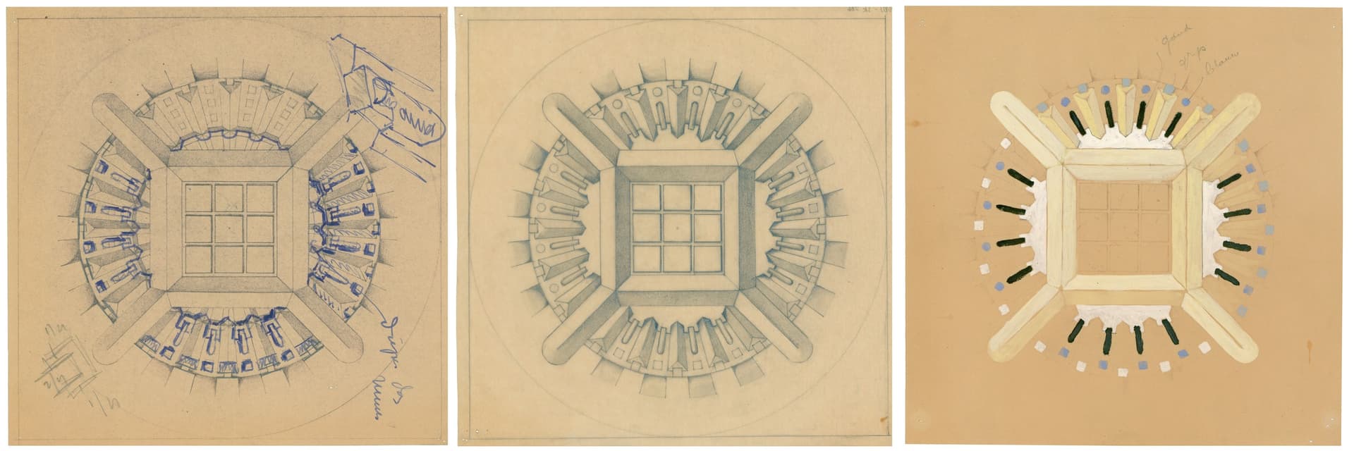 A transparency allowed several diazotypes of a single design drawing to be quickly made. This facilitated more and more experimentation within the design process on a large and small scale. This selection shows J.J.P. Oud’s experiments for deve… 