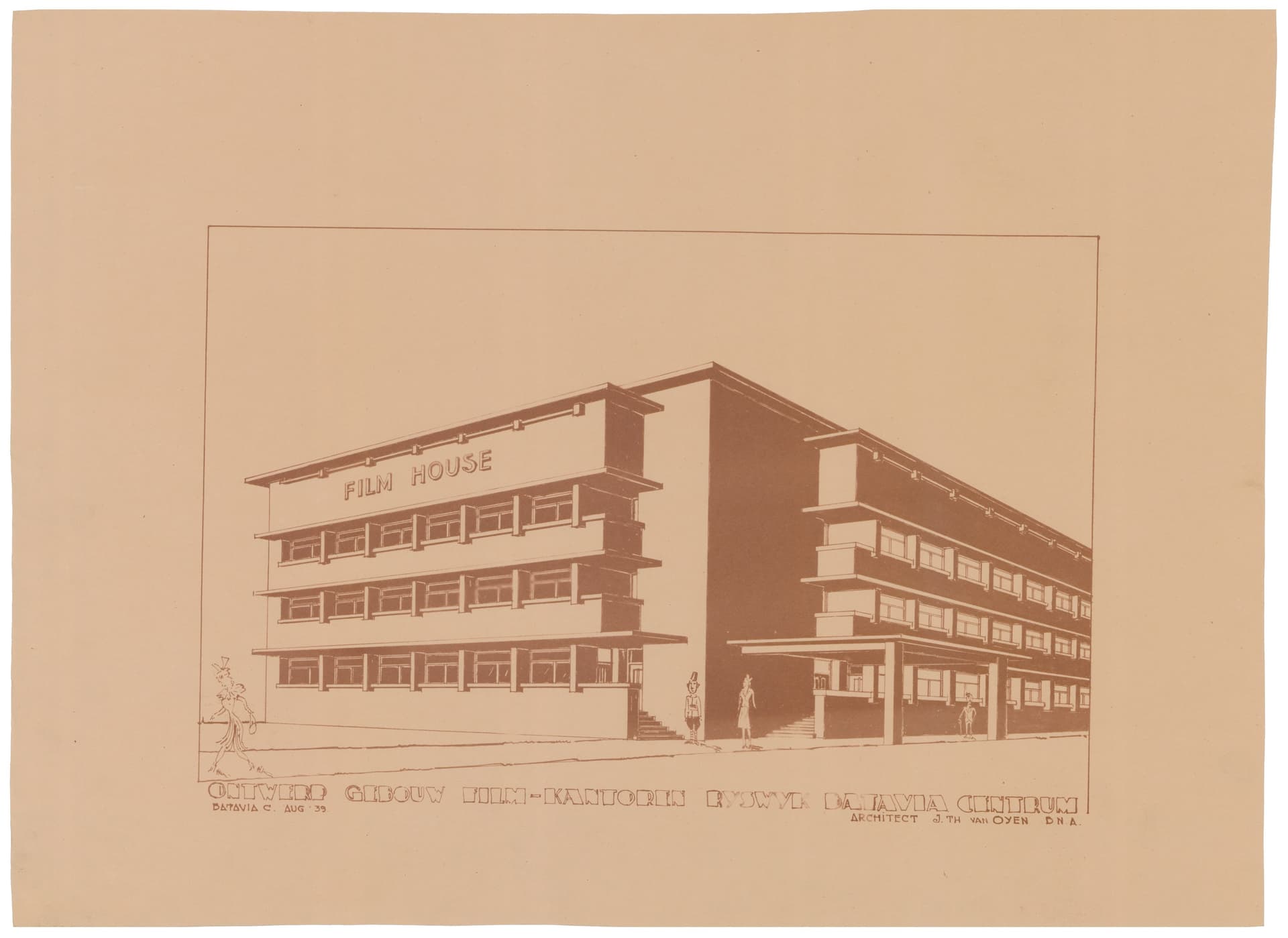 Architect T. van Oyen worked in the former Dutch East Indies on the design of the Rijswijk film office building, for which he used Ozalid photoreproduction paper. This brand’s diazotypes have a pale, rusty brown background and brown-red li… 