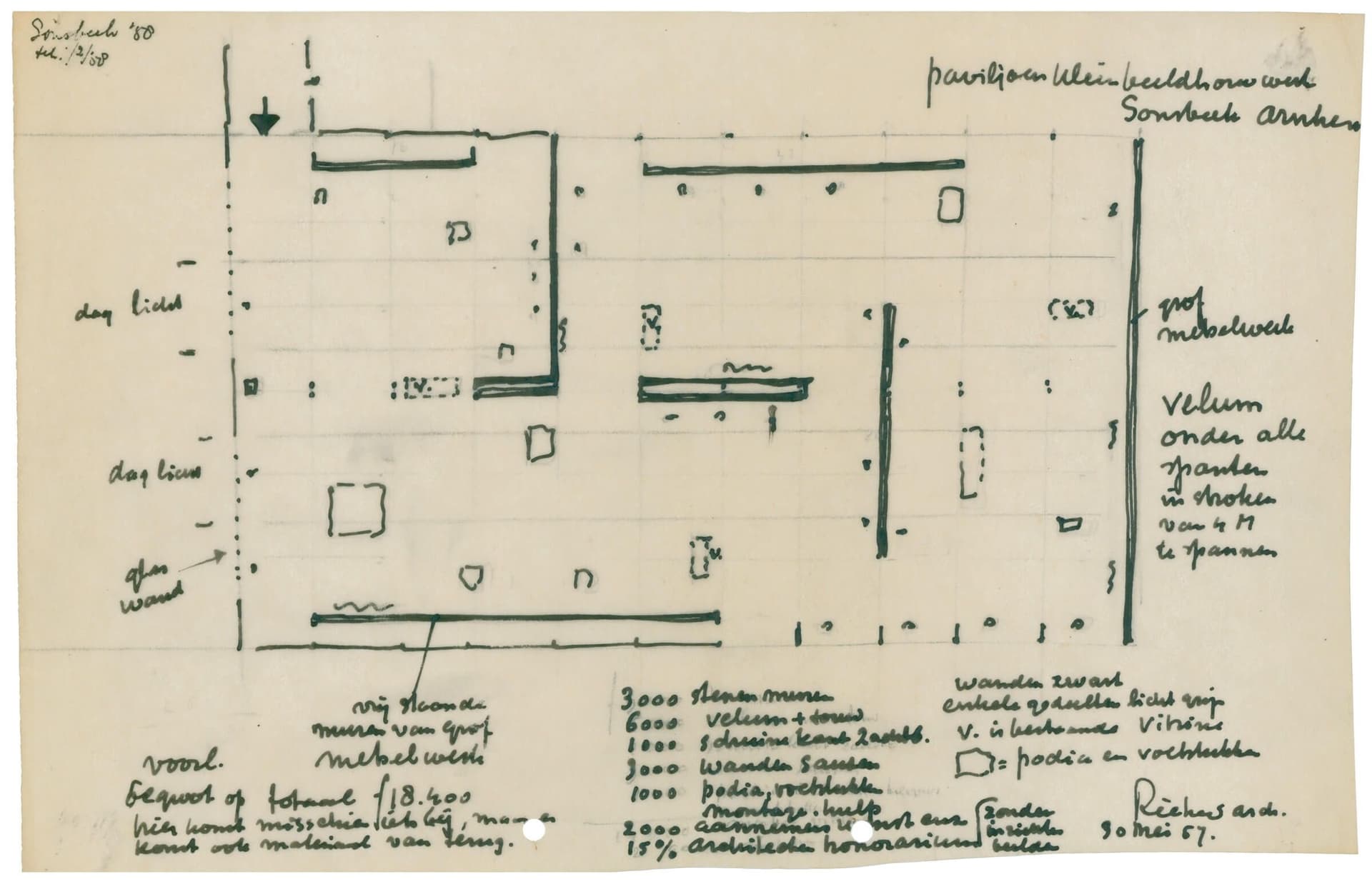 G. Th. Rietveld. Design for a sculpture pavilion at Sonsbeek Park, Arnhem, 1958. Collection Het Nieuwe Instituut, RIET 390. Copyright: Pictoright.  