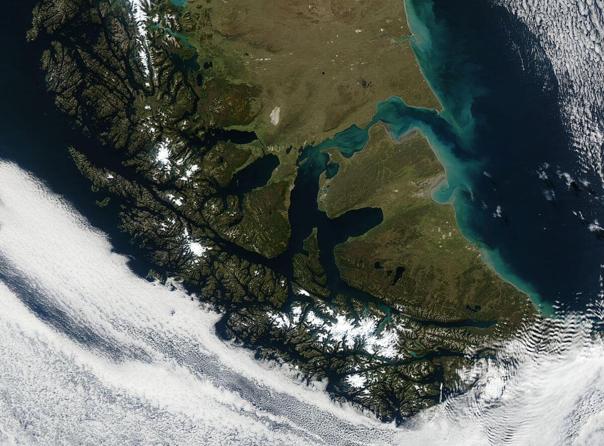 A true colour image of Tierra del Fuego and the Strait of Magellan captured sunbathing by NASA's Terra satellite on March 28, 2003. Image courtesy of MODIS Land Rapid Response Team at NASA GSFC. 