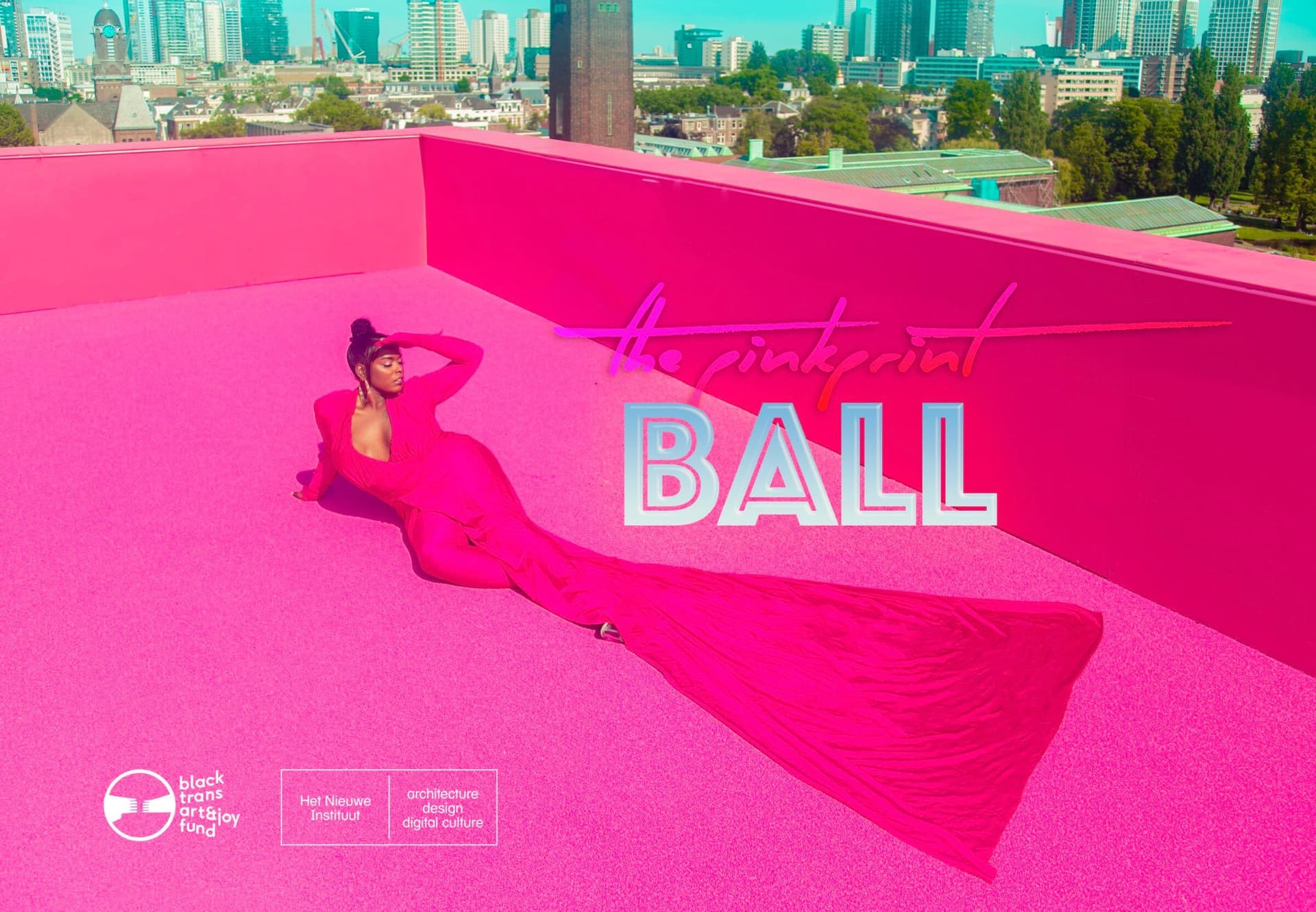 The Pink Print Ball. Model: Naïmah Janse. Dress: Matteo Niero. Photo: Ziad Hafez. Poster design: Dinis van Vreden. Production: Manuela Tavares. 