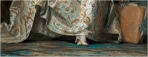 Elegant pantouffles of Madame de Pompadour, detail of Maurice-Quentin Delatour, Portrait of the Marquise de Pompadour, date unknown (c. 1750?), pastel with gouache highlights on at least eight sheets of blue paper including one for the fac… 