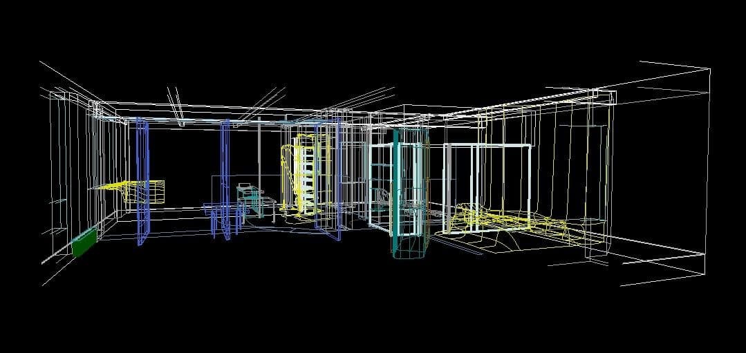 Kolatan/Mac Donald Studio, O/K Apartment: Screen shot van een 3D Microstation model (1995). KOL/MAC records, Canadian Centre for Architecture, Montréal, Gift of KOL/MAC © KOL/MAC 