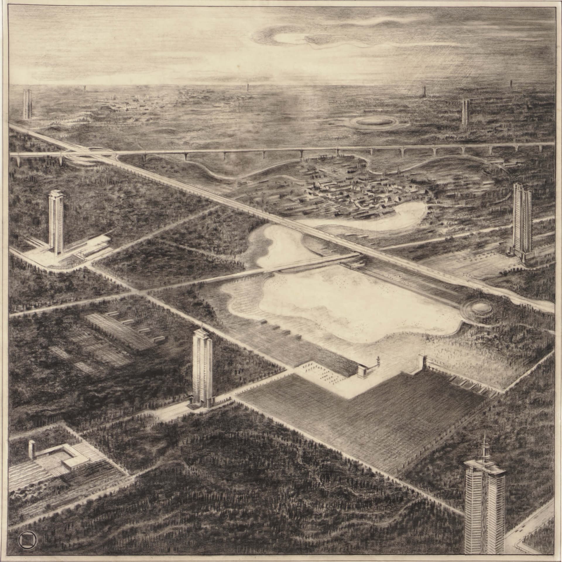 H. Th. Wijdeveld. Ontwerp voor hoogbouw in het Nationaal Park Amsterdam - Haarlem - Zandvoort, 1926-1927. Collectie Het Nieuwe Instituut, WIJD 347  