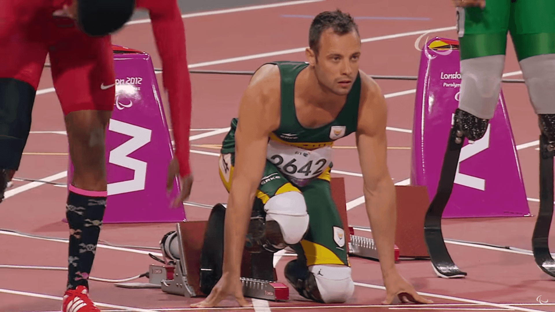 Oscar Pistorius during the 100 metre sprint final, Paralympic Games, London, 2012. ParalympicSport TV, 7 September 2012.