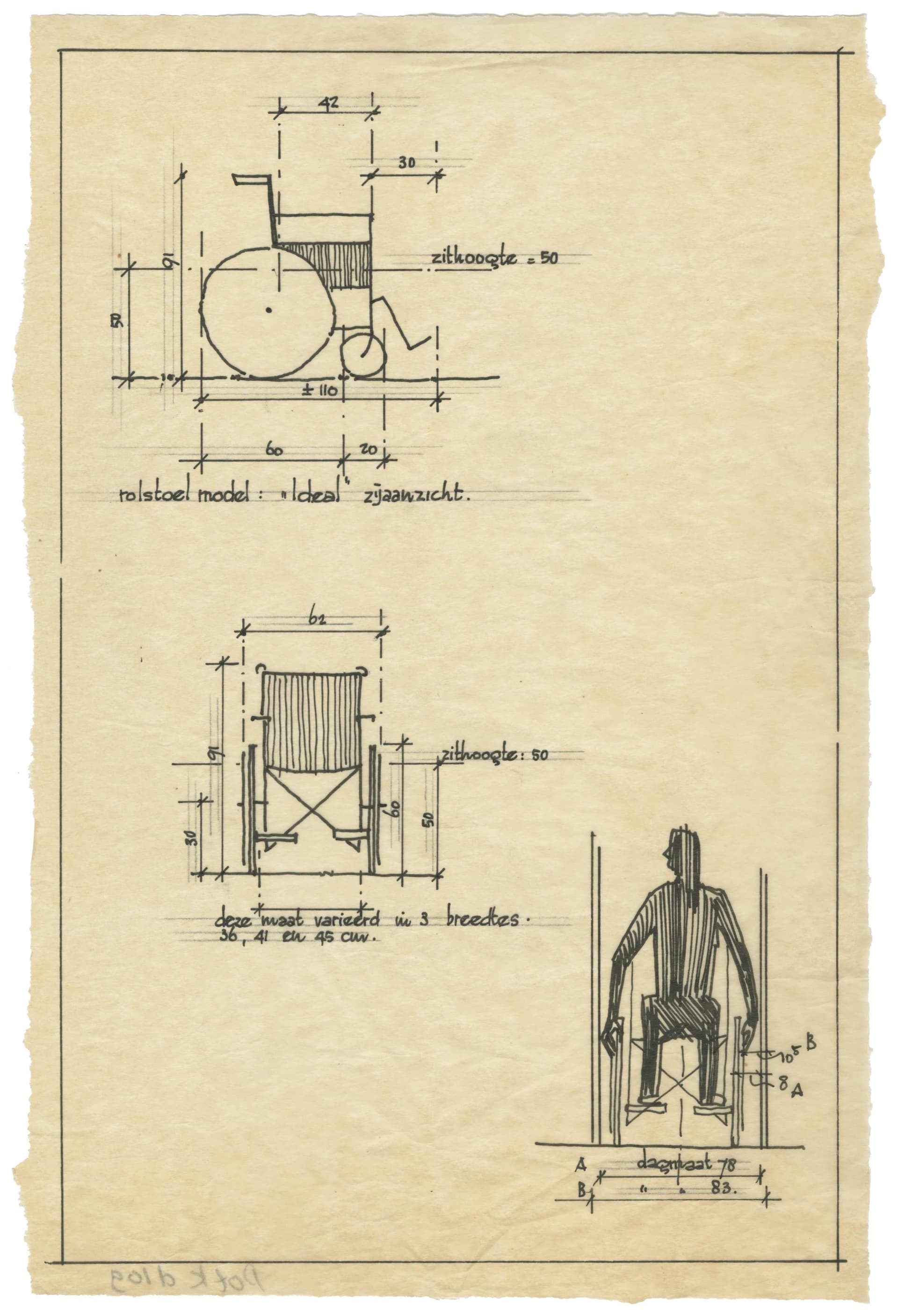 Opmetingstekening Rolstoel, ca. 1965. Collectie Het Nieuwe Instituut, POTK d109-1