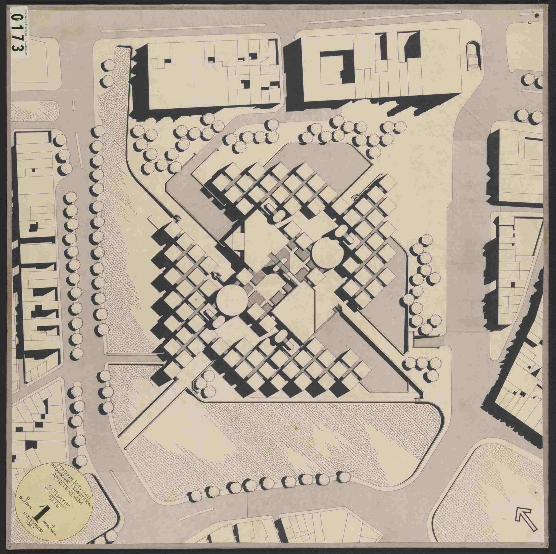  H. Hertzberger. Ontwerp prijsvraag Stadhuis Amsterdam, 1967. Presentatietekening en bovenaanzicht met schaduwwerking. Collectie Het Nieuwe Instituut, PRAS 173-6 