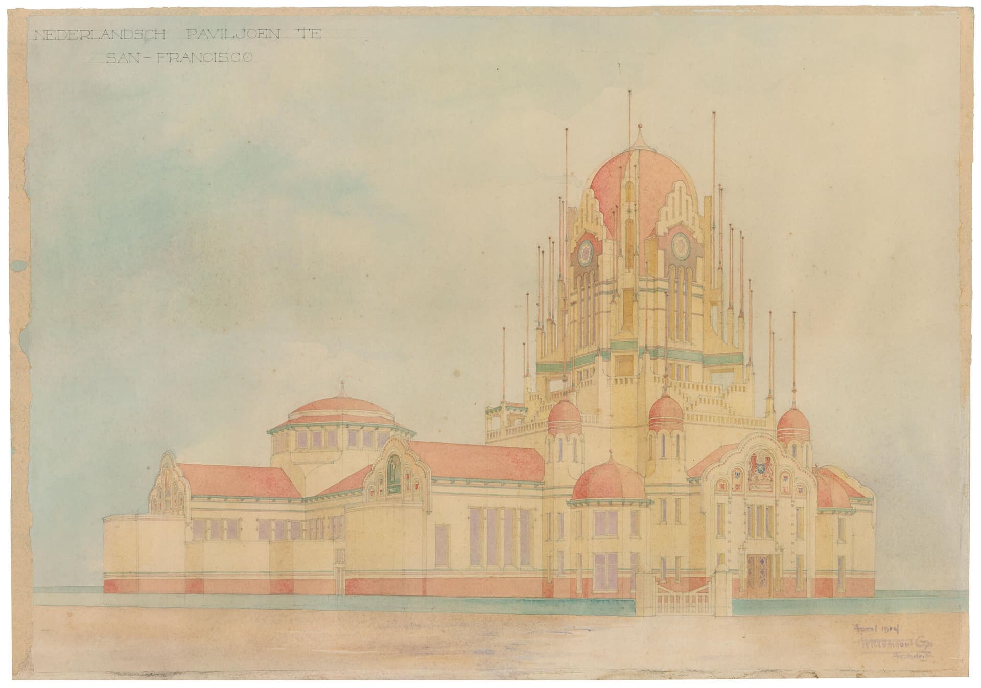 W. Kromhout. Presentatietekening Nederlands paviljoen San Francisco, 1915. Collectie Het Nieuwe Instituut, KROM 53-54 