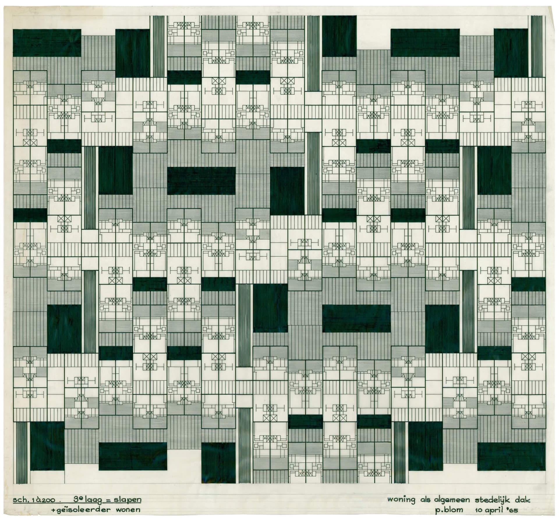 Piet Blom. Woning als algemeen stedelijk dak, 3e laag, 1965. Collectie Het Nieuwe Instituut, BLOM 33-8. De 3e laag is bedoeld voor ‘slapen + geïsoleerder wonen’, zoals Blom noteerde. 