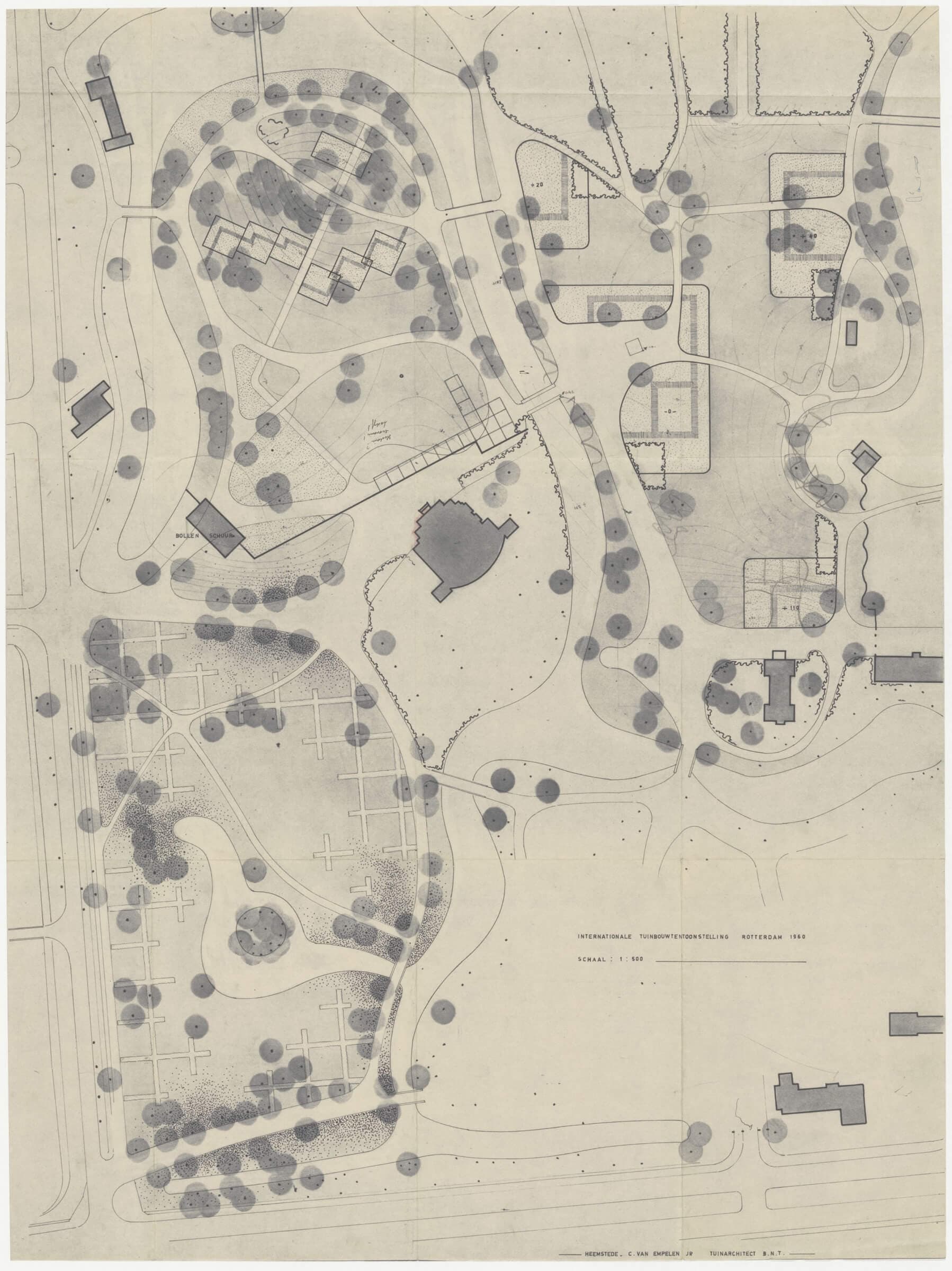 C. van Empelen. Ontwerp voor Het park met onder andere bloembollenvelden in het kader van de Internationale Tuibouwtentoonstelling Floriade, 1960. Collectie Het Nieuwe Instituut, archief Van den Broek en Bakema, BROX 1170t3  