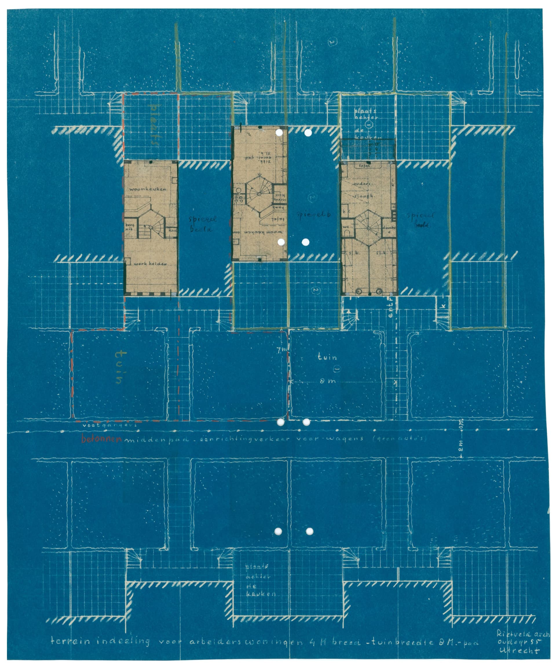 Diazotypes and blueprints were sometimes combined in one design drawing. Rietveld cut out the wet room (bathroom and kitchen) floor plans from diazotypes and pasted them onto this blueprint, creating a mixture of two photoreproduction proc… 