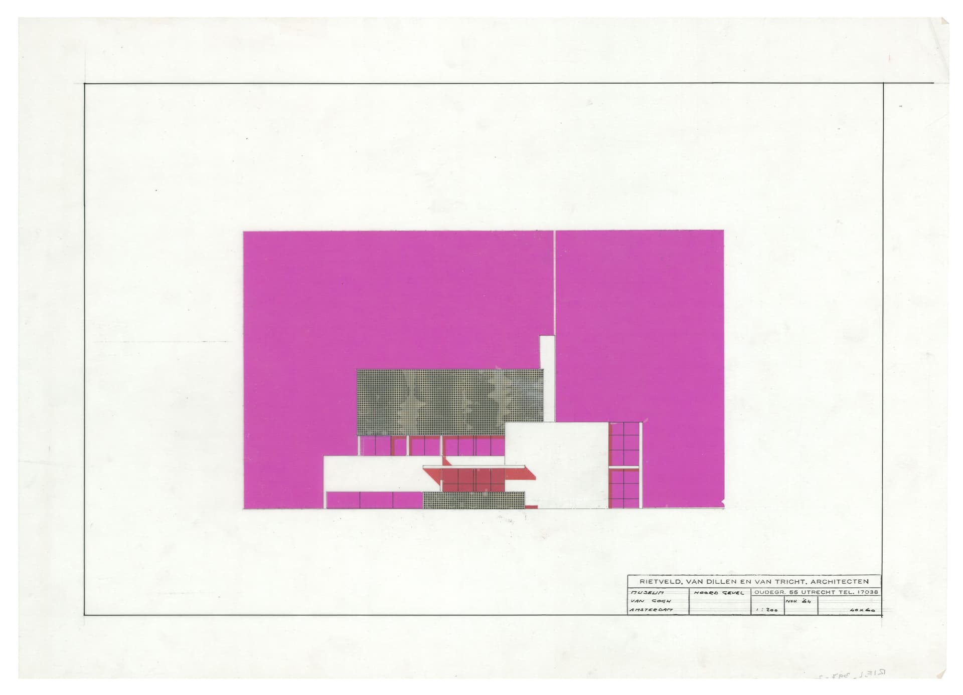 Rietveld, Van Dillen en Van Tricht Architecten, ontwerptekening Van Goghmuseum, Amsterdam, 1964. Dit ontwerp, waarschijnlijk gemaakt als publicatietekening, bestaat bijna geheel uit Zips. Roze Zip voor de achtergrond, rode voor weergave van sch… 