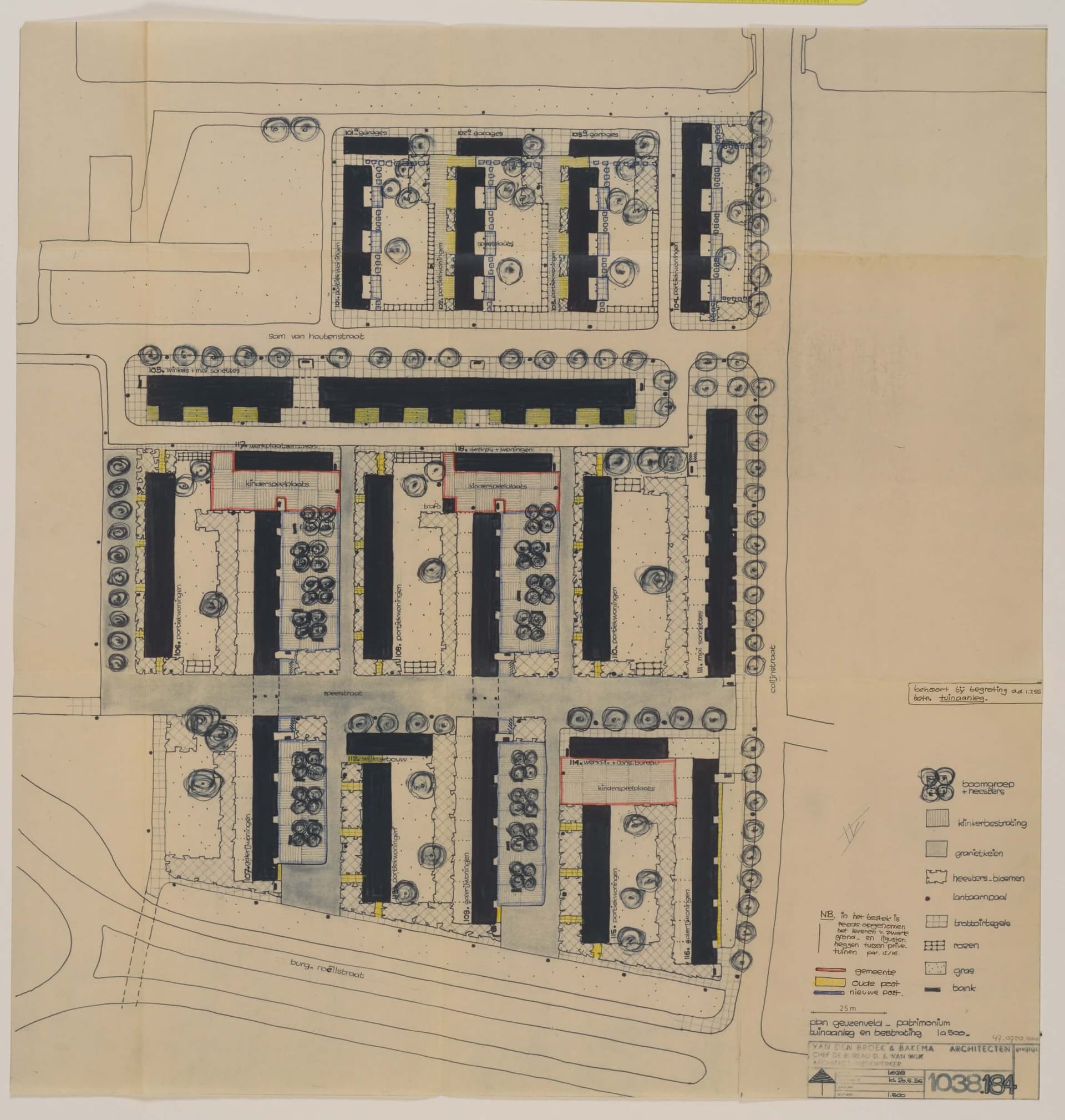 Mien Ruys. Ontwerp van de hoven rond Dirk Sonoystraat, Amsterdam, 1958. Speciale Collecties Wageningen University & Research, Wageningen.  