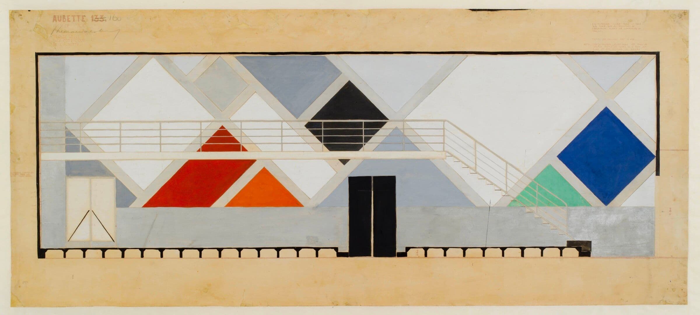 Theo van Doesburg, Ontwerp van de wand met galerij van de Grote Zaal in de Aubette, 1927, Collectie Het Nieuwe Instituut, gift Van Moorsel. 