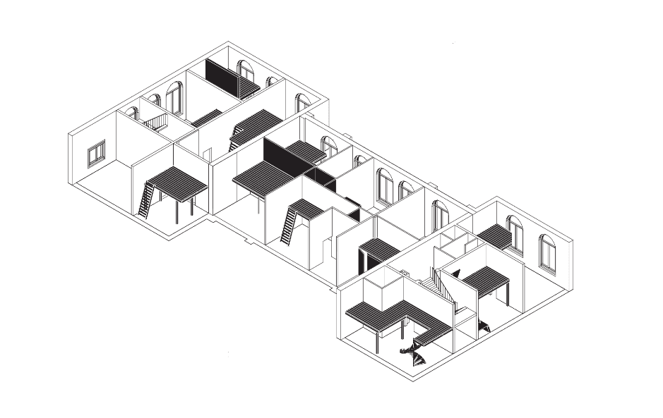  Poortgebouw, axonometric drawing of the first floor with mezzanines. Architecture of Appropriation research collective and students from the MA in Architecture, Urban Design and Engineering at Eindhoven University of Technology. 