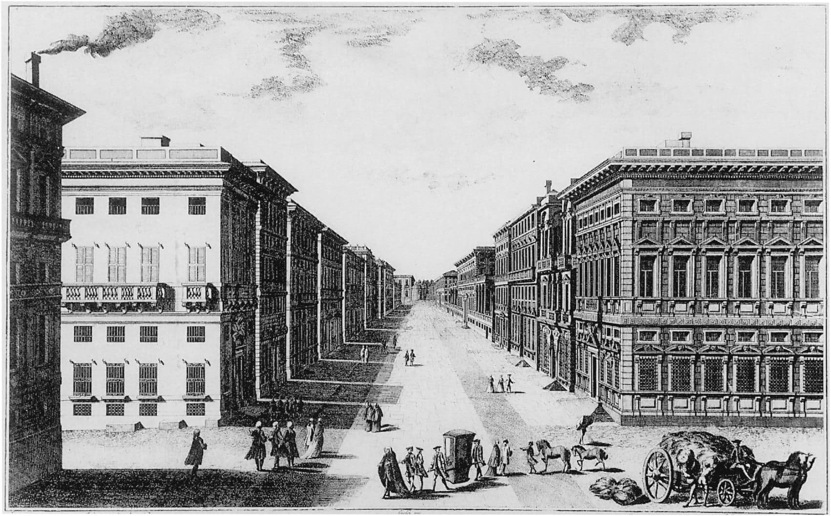 Antonio Giolfi, perspective view of the Strada Nuova from the East, Genoa, 1769. Collezione Topografica del Commune. 