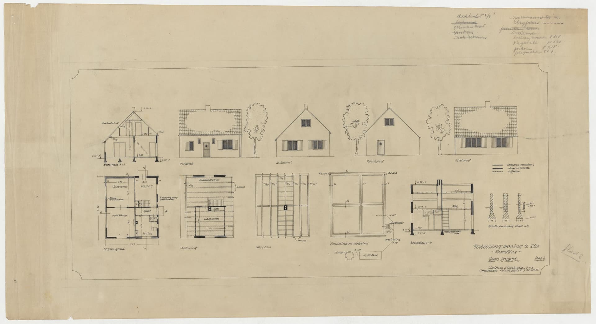 Arthur Staal, verbouwing van een woonhuis, Lies, 1948. Om repetitief tekenwerk te vermijden tekenden architecten soms alleen een deel van een architectonisch onderdeel, zoals bijvoorbeeld dit gedeelte van een pannendak. Zips met voorbedrukte da… 