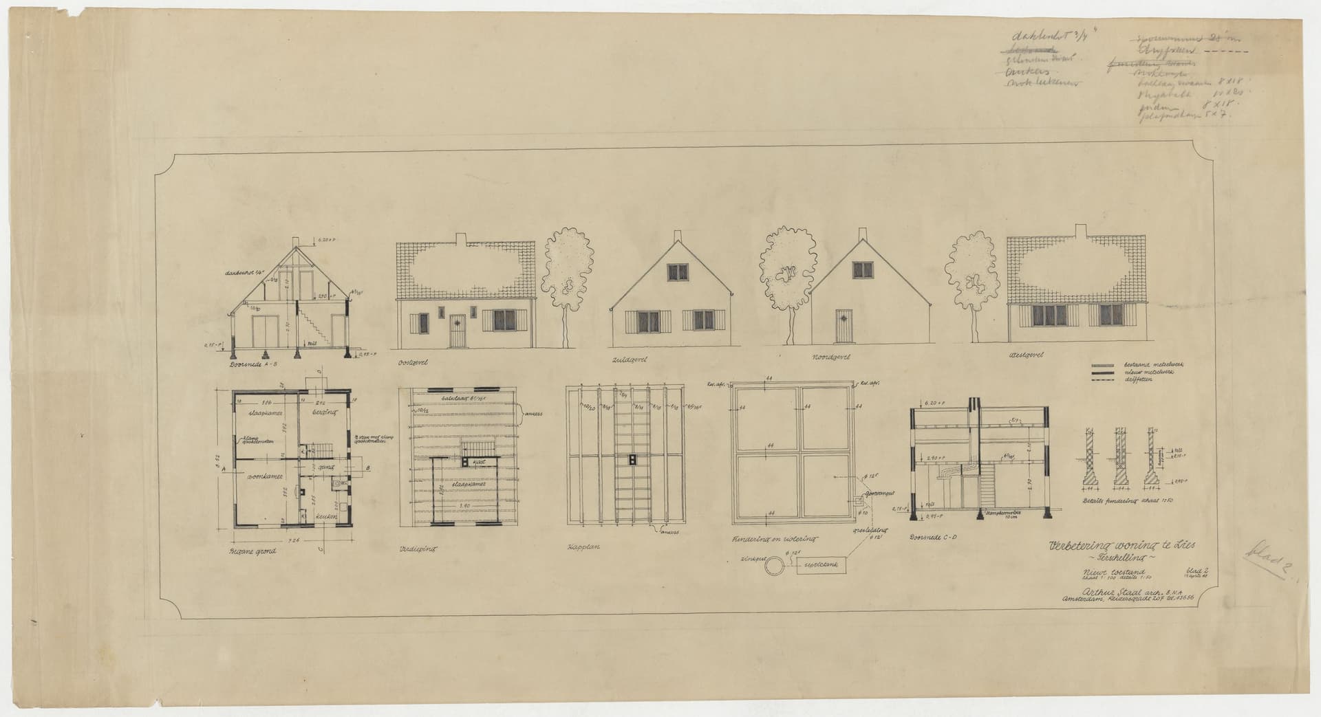 Arthur Staal, renovation of a house in Lies, 1948. To avoid repetitive drawing, architects sometimes only drew part of an architectural component, like this part of a tiled roof. These pre-printed surfaces on zips saved time because they n… 