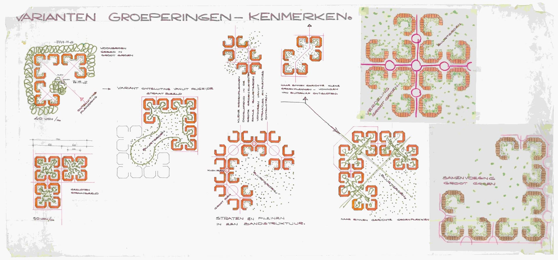  J. van Stigt. Varianten van woningbouwclusters gebaseerd op een stedenbouwkundig raster, Almere-Haven Oost, ca. 1975. Collectie Het Nieuwe Instituut, STIG 11.2-3. De specifieke woonvorm ontstaat door een diagonaal in het modulesysteem.  