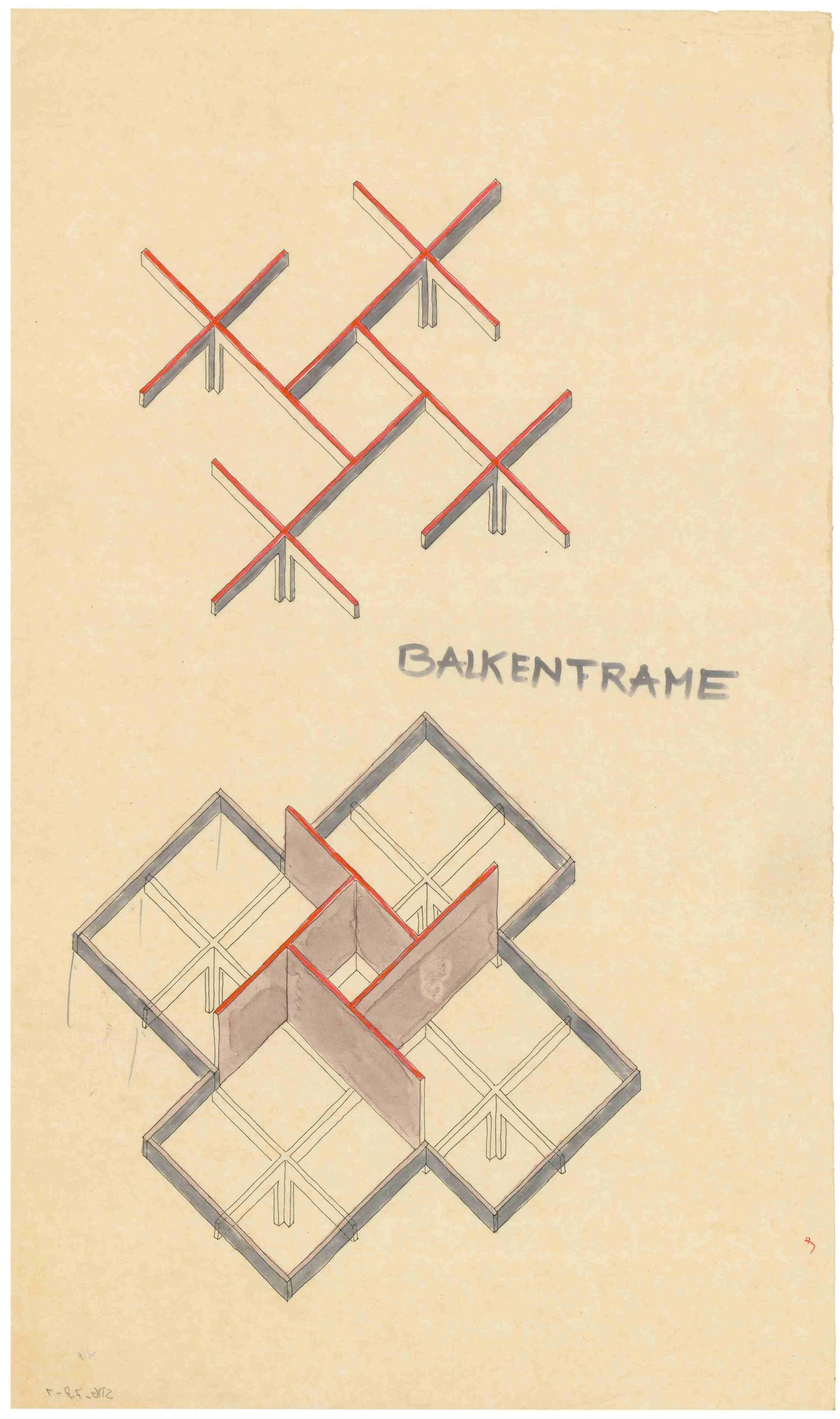  J. van Stigt. Axonometrische projectie van draagconstructie van vier verschoven vierkanten rondom een kern, die de maat bepaalt van het gehele ontwerp, ca. 1963. Collectie Het Nieuwe Instituut, STIG 7.9-1 