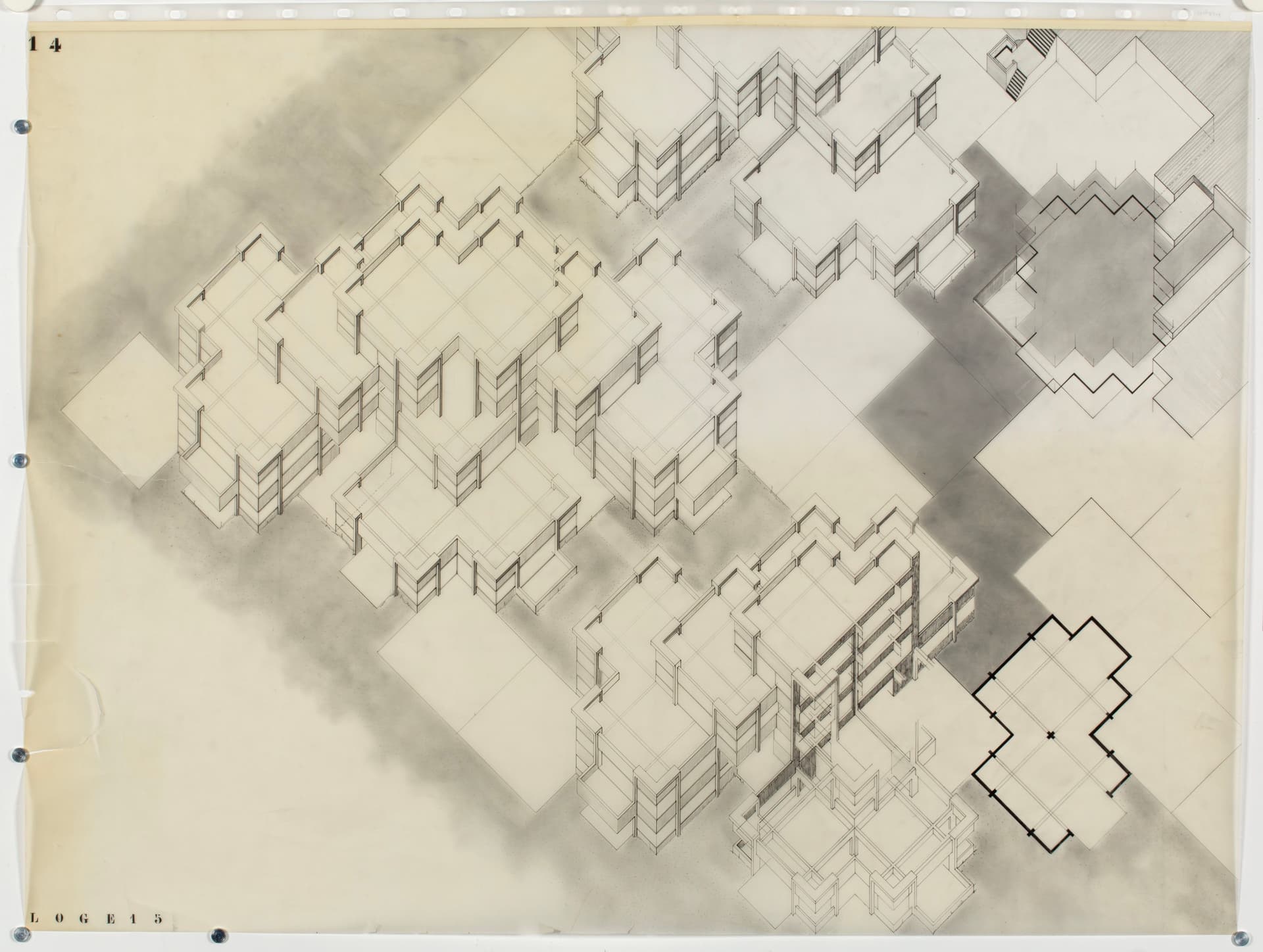  J. van Stigt. Presentatietekening en axonometrische projectie van Kinderdorp, in het kader van de Prix de Rome (Eindkamp), 1962. Collectie Het Nieuwe Instituut, STIG a3-2 