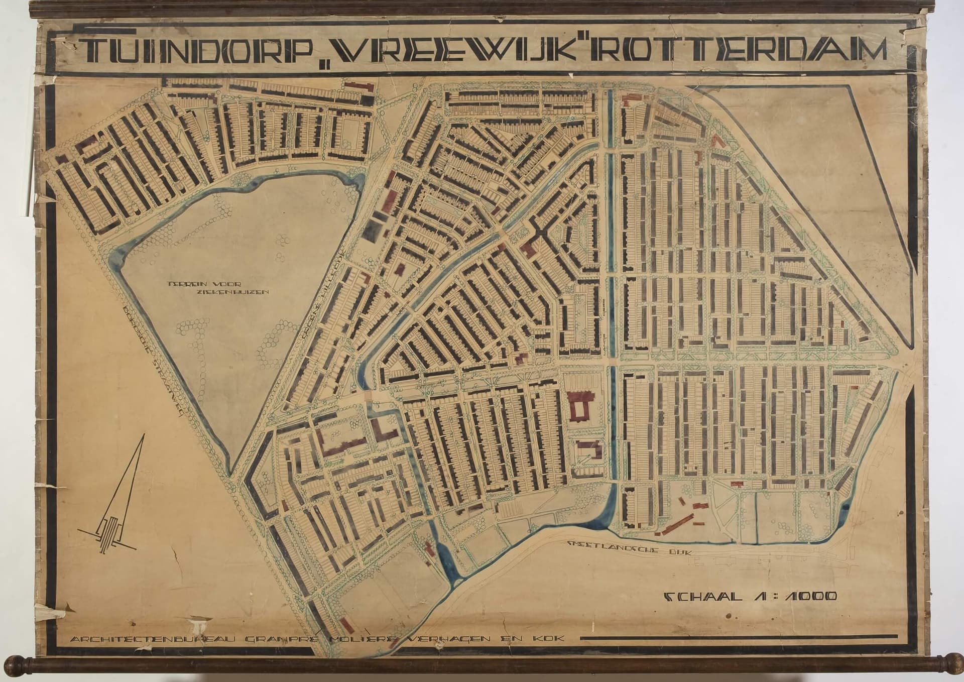 M.J. Granpré-Molière, P. Verhagen, A.J. Th. Kok, Stedenbouwkundig plan van Tuindorp Vreewijk, Rotterdam, ca. 1920. Hoewel er van Vreewijk geen zelfstandig groenplan bewaard is gebleven, toont dit ontwerp hoe het bestaande polderlandschap de ver… 