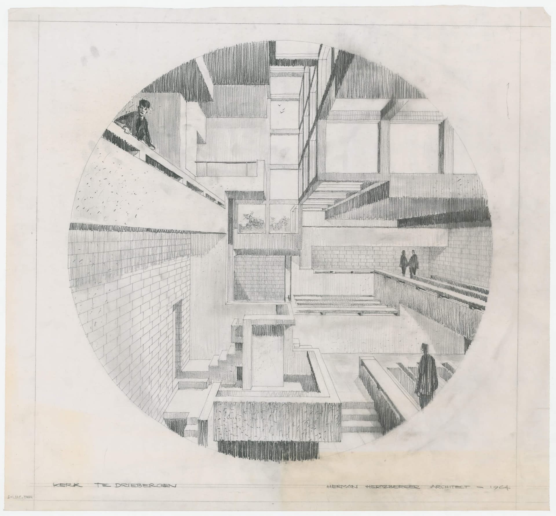 H. Hertzberger. Prijsvraag Kerk en Wereld, 1964. Presentatieschets interieur. Collectie Het Nieuwe Instituut, HERT 311.1-2  