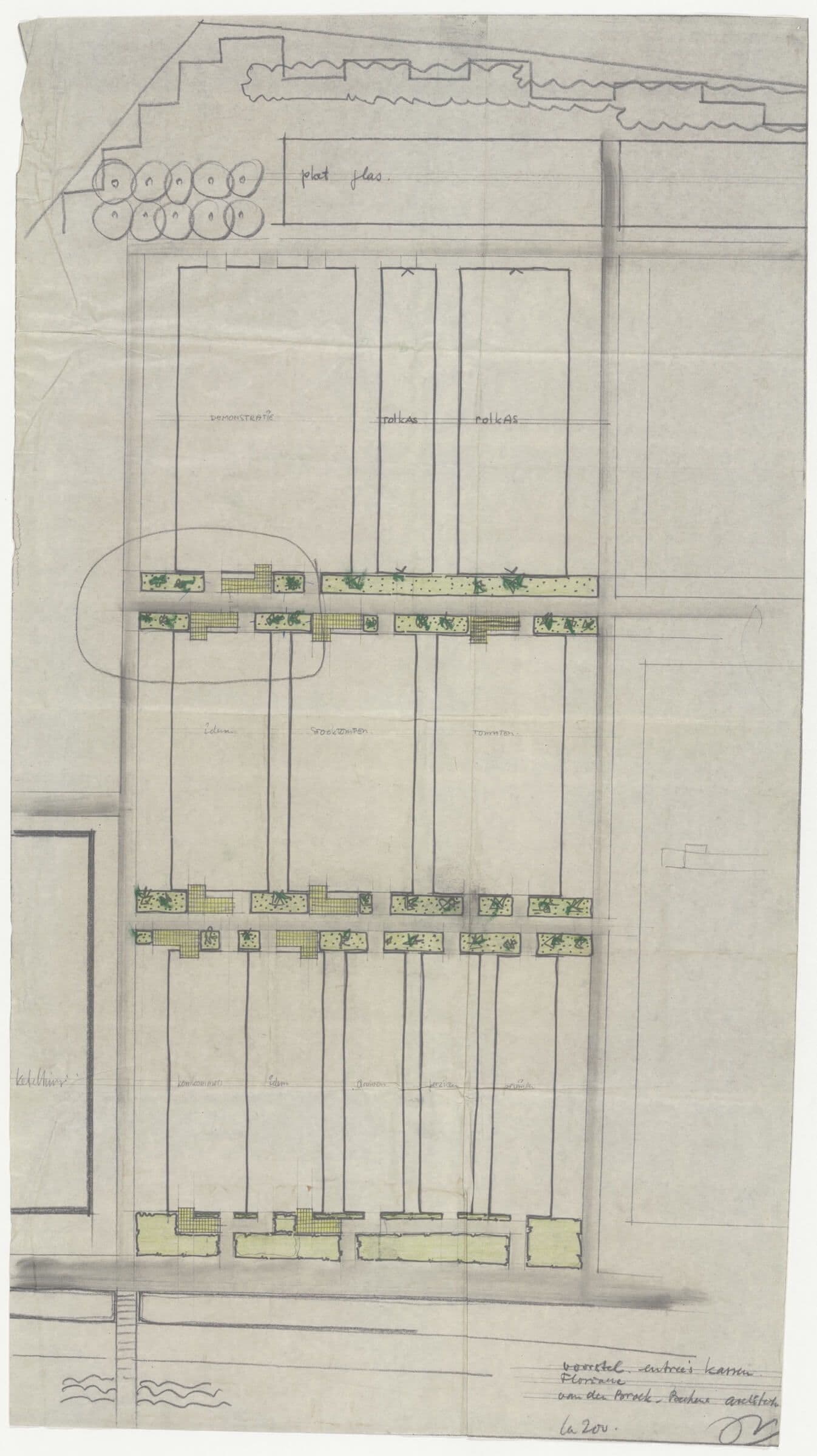 Van den Broek en Bakema. Ontwerp voor het entreegebied van de groente- en fruitkassen op het Land van Hoboken in het kader van de Internationale Tuibouwtentoonstelling (Floriade), 1960. Collectie Het Nieuwe Instituut, archief Van den Broek en B… 