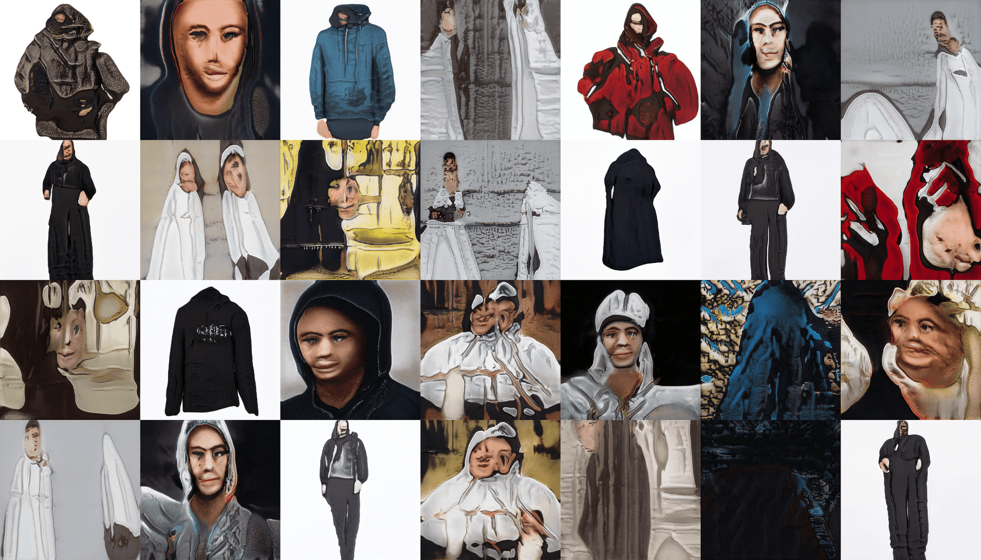 Selection of AI-generated images from Bogomir Doringer's commissioned work 'The Hoodie', developed in the context of the exhibition of the same name, Het Nieuwe Instituut, 2019. 