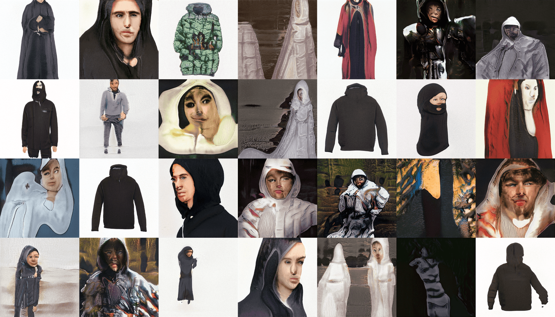 Selection of AI-generated images from Bogomir Doringer's commissioned work 'The Hoodie', developed in the context of the exhibition of the same name, Het Nieuwe Instituut, 2019. 