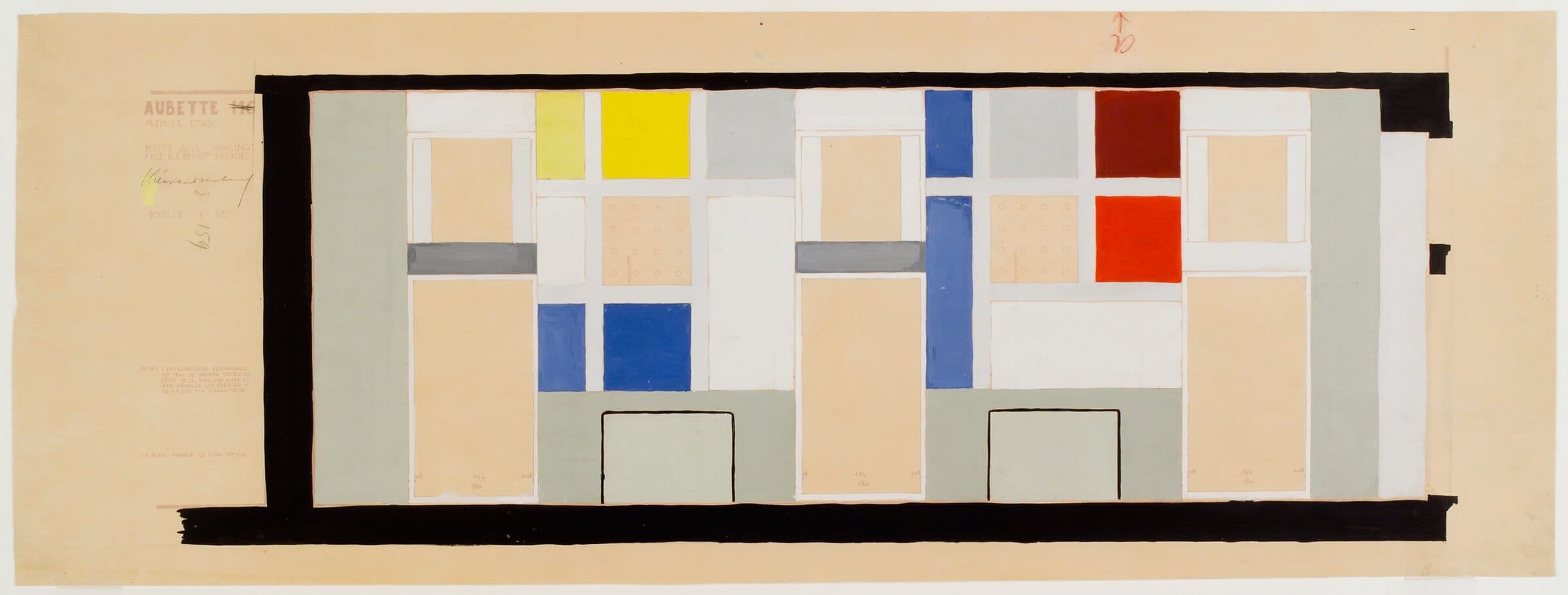 Theo van Doesburg. Café Aubette. Kleurontwerp voor een muur in de Grand Salon, 1927. Collectie Het Nieuwe Instituut, gift Van Moorsel, DOES ab5205. Tekening te zien in de tentoonstelling Into the Night, Belvedere, Wenen. 